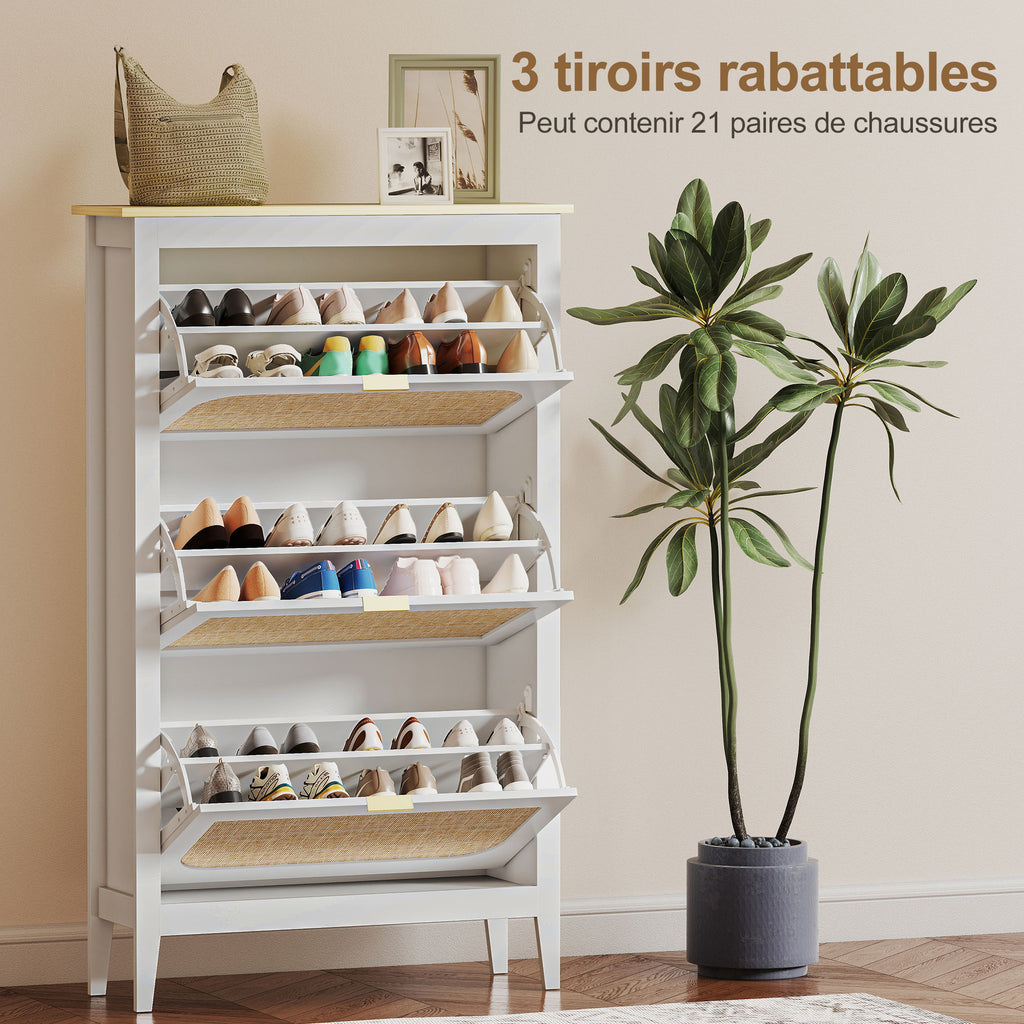 Meuble à chaussures 21 paires bohème avec 3 tiroirs rabattables, portes effet cannage rotin, 80 x 24 x 131 cm, blanc-4