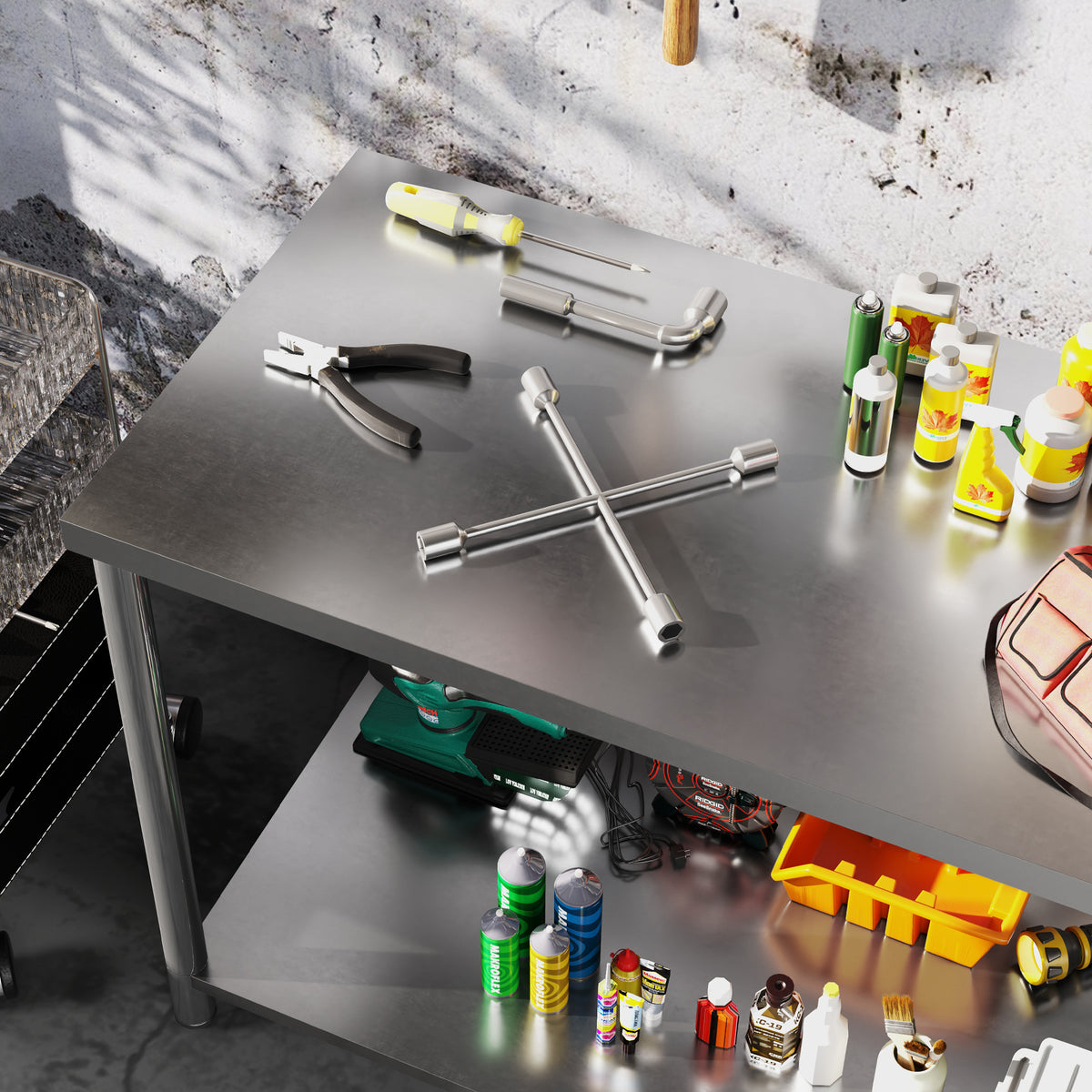 Table de travail, établi d'atelier en acier inoxydable 2 étagère, pour atelier, garage, hangar, 120x60x86cm, argenté-8