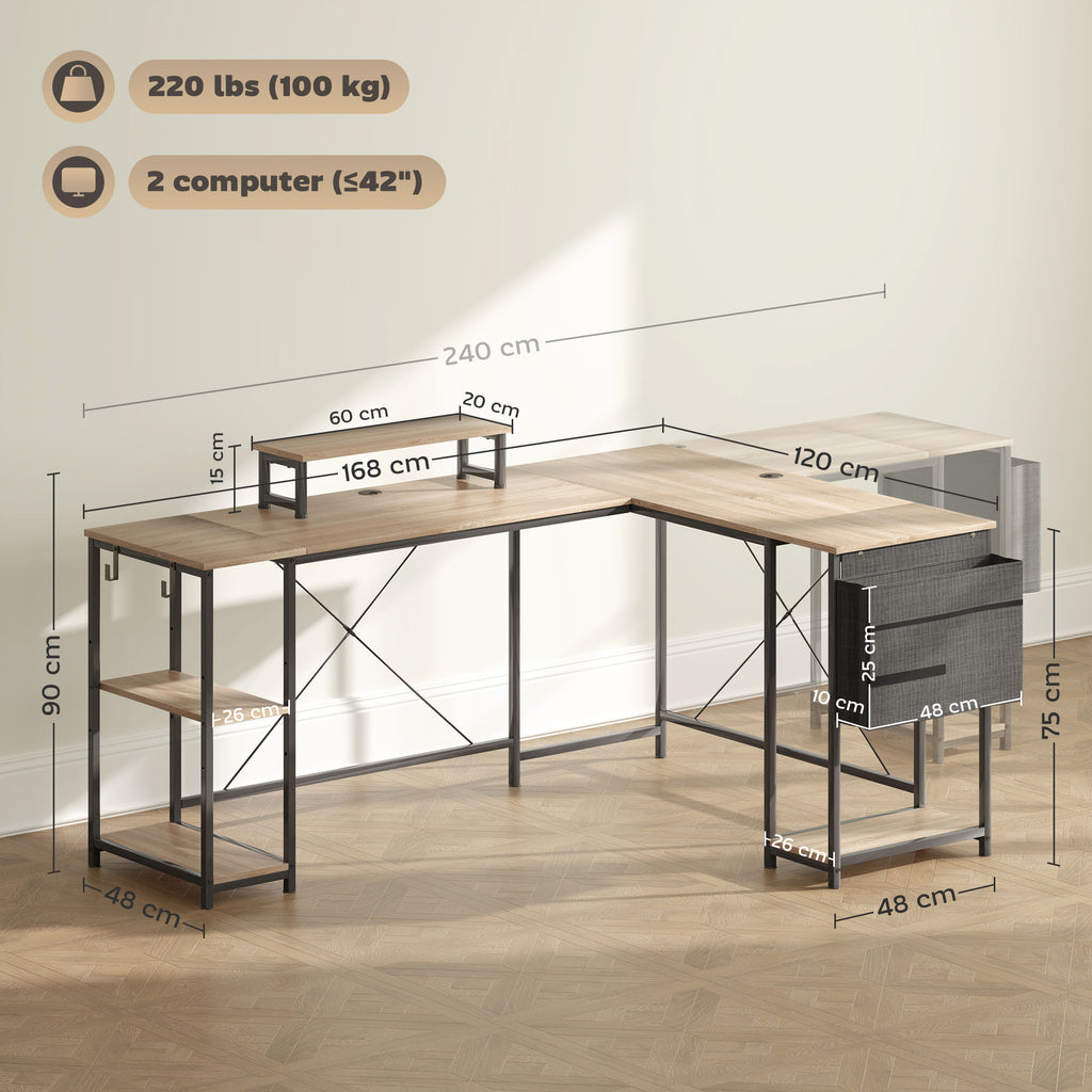 Bureau d'angle modulable réversible 168-240 cm style industriel - étagère réglable, sac de rangement, support d'écran-2