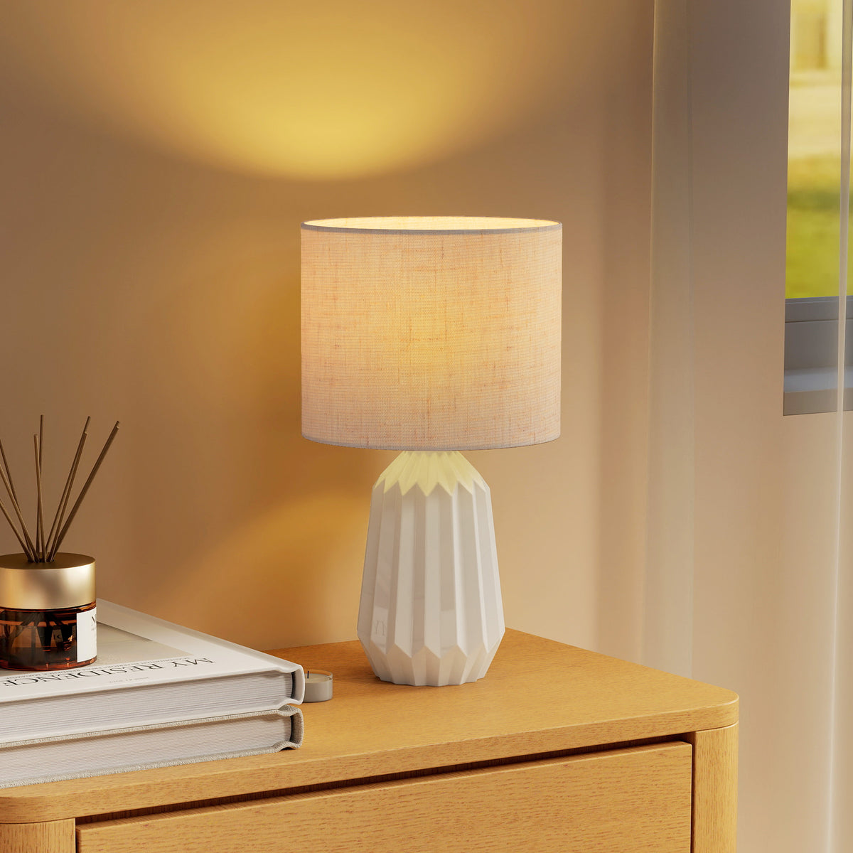 Lampe de Table avec Base en Céramique et Abat-Jour en Lin, Lampe de Chevet avec Interrupteur, Culot E27, Blanc et Beige-8