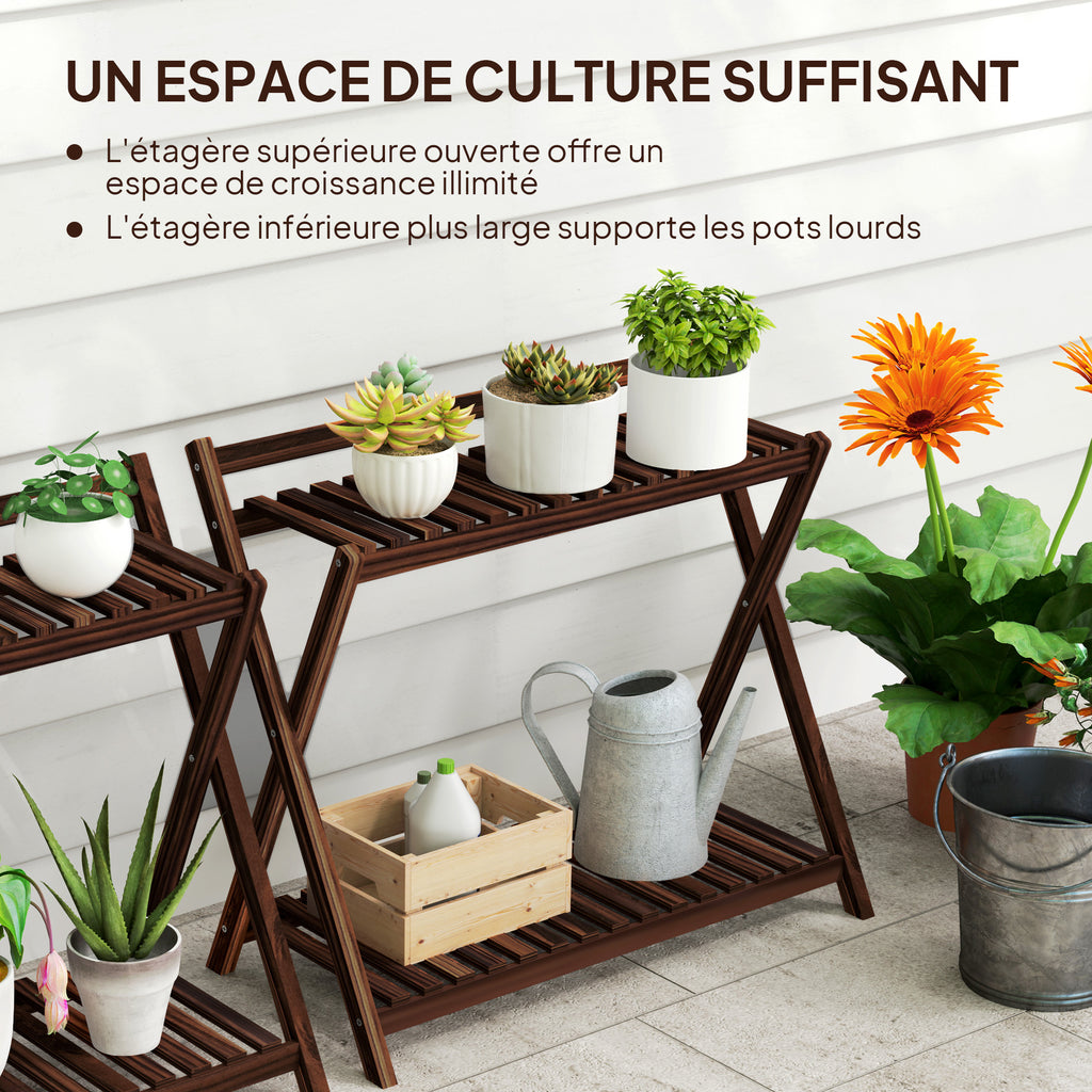 Lot de 2 support plantes intérieur 2 niveaux étagères à plants avec support arrière 73 x 36 x 64 cm marron-4