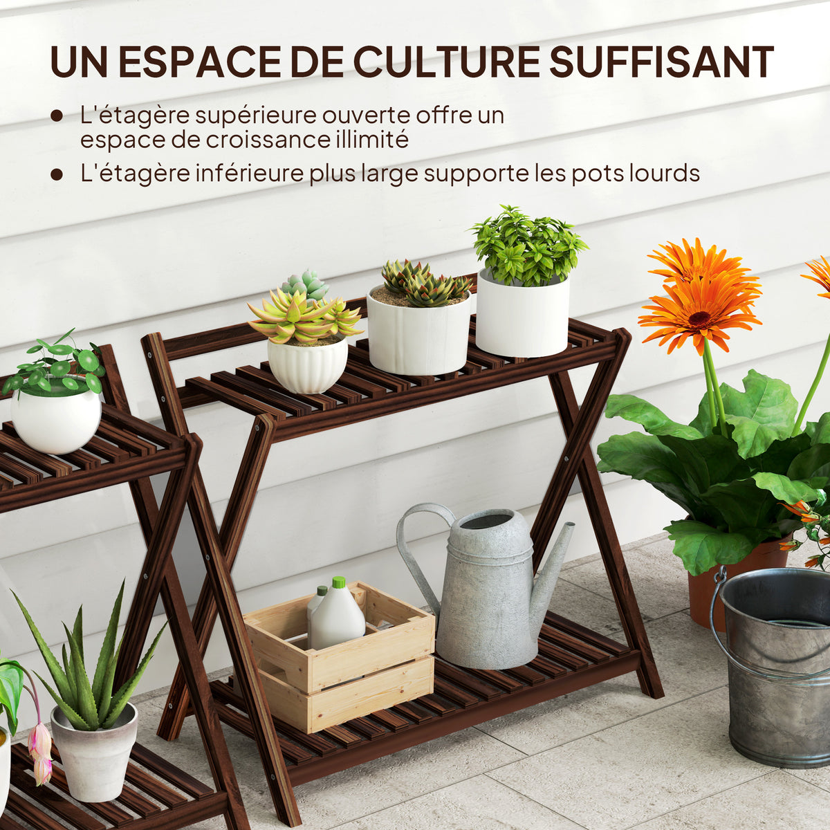 Lot de 2 support plantes intérieur 2 niveaux étagères à plants avec support arrière 73 x 36 x 64 cm marron-4