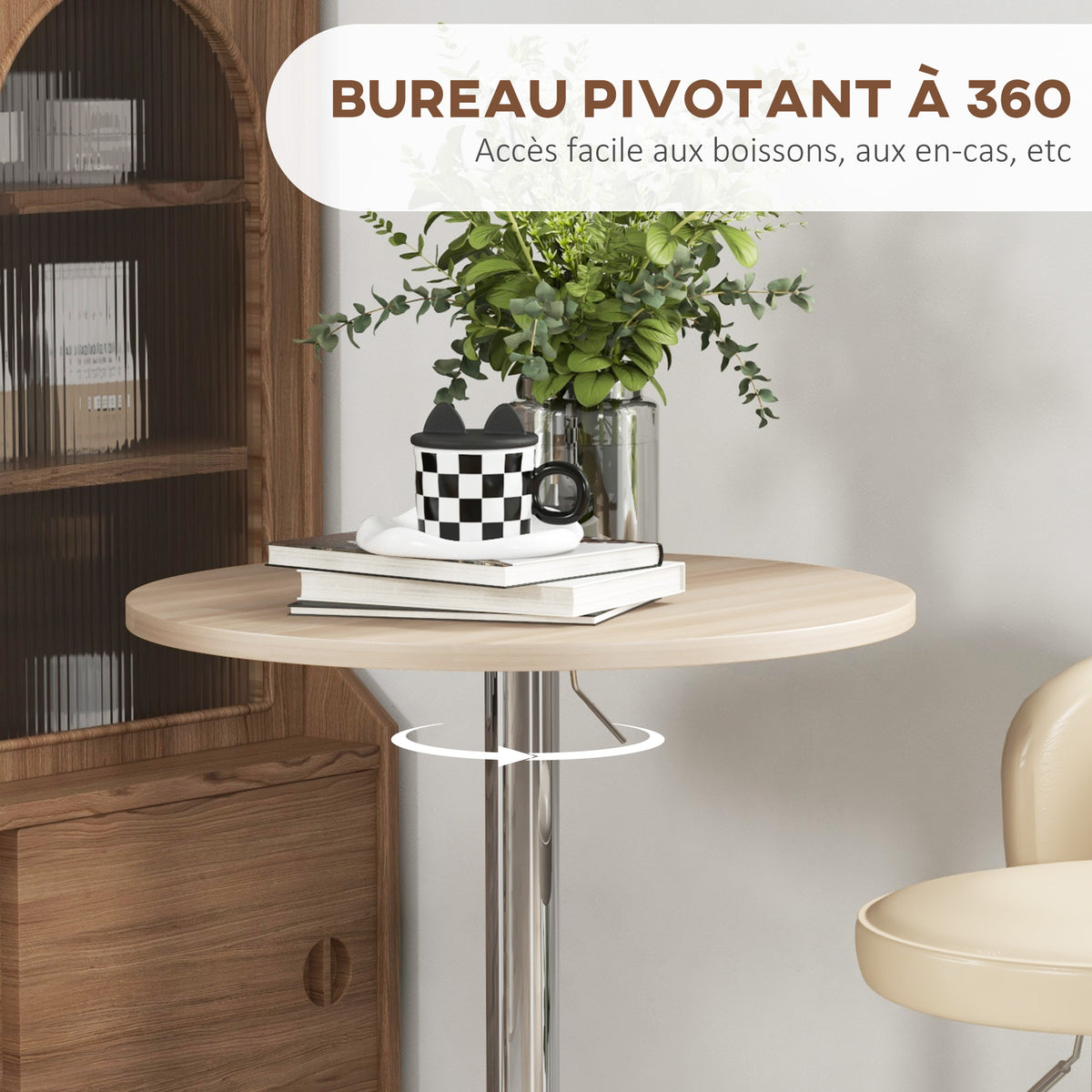 Table de bar ronde table haute cuisine réglable en hauteur 69-91 cm plateau pivotante à 360° naturel et gris-4