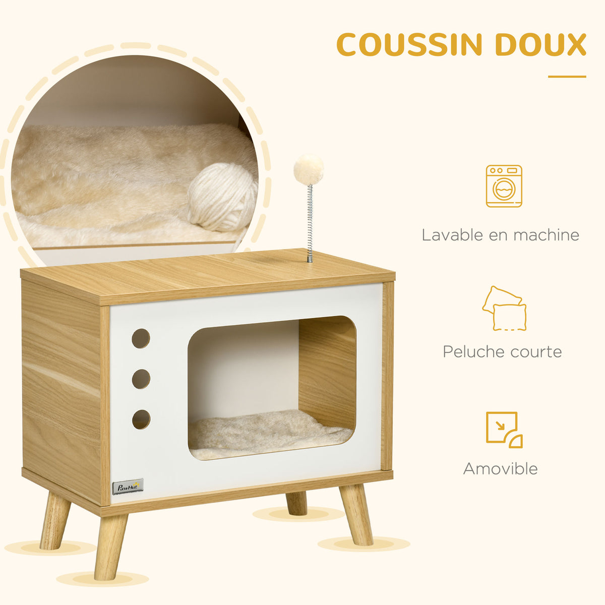 Maison niche pour chat forme de tv avec coussin douillet et balle rebondissante - 50 x 28 x 43 cm-4