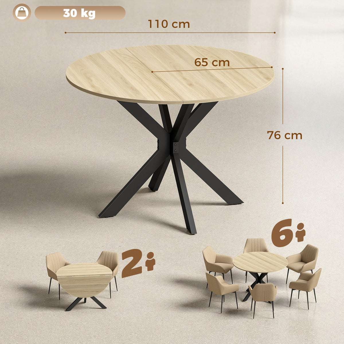 Table à manger pliante pour 2 à 6 personnes, table de cuisine ronde avec pieds croisés en acier, bois naturel-2