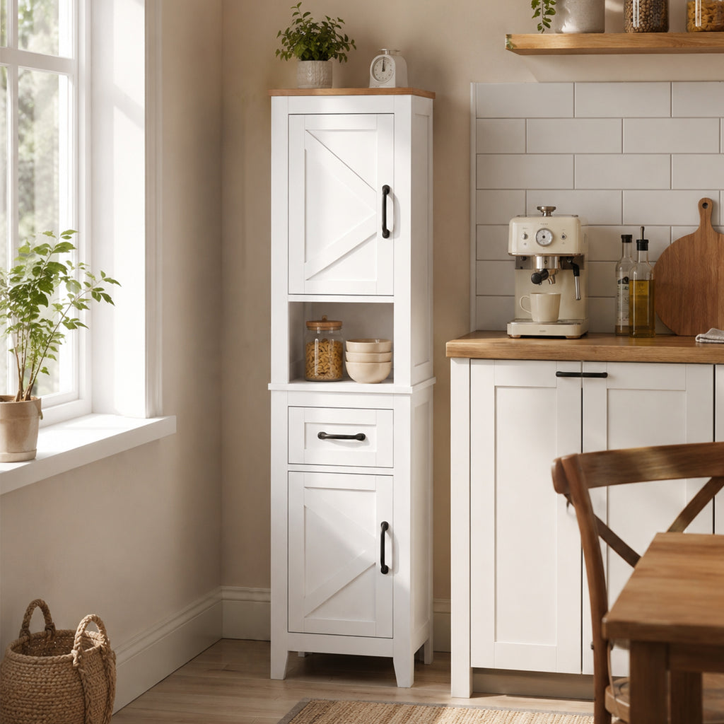 Meuble de salle de bain, meuble de rangement, 2 portes, tiroir, compartiment ouvert et étagères réglables, blanc-7