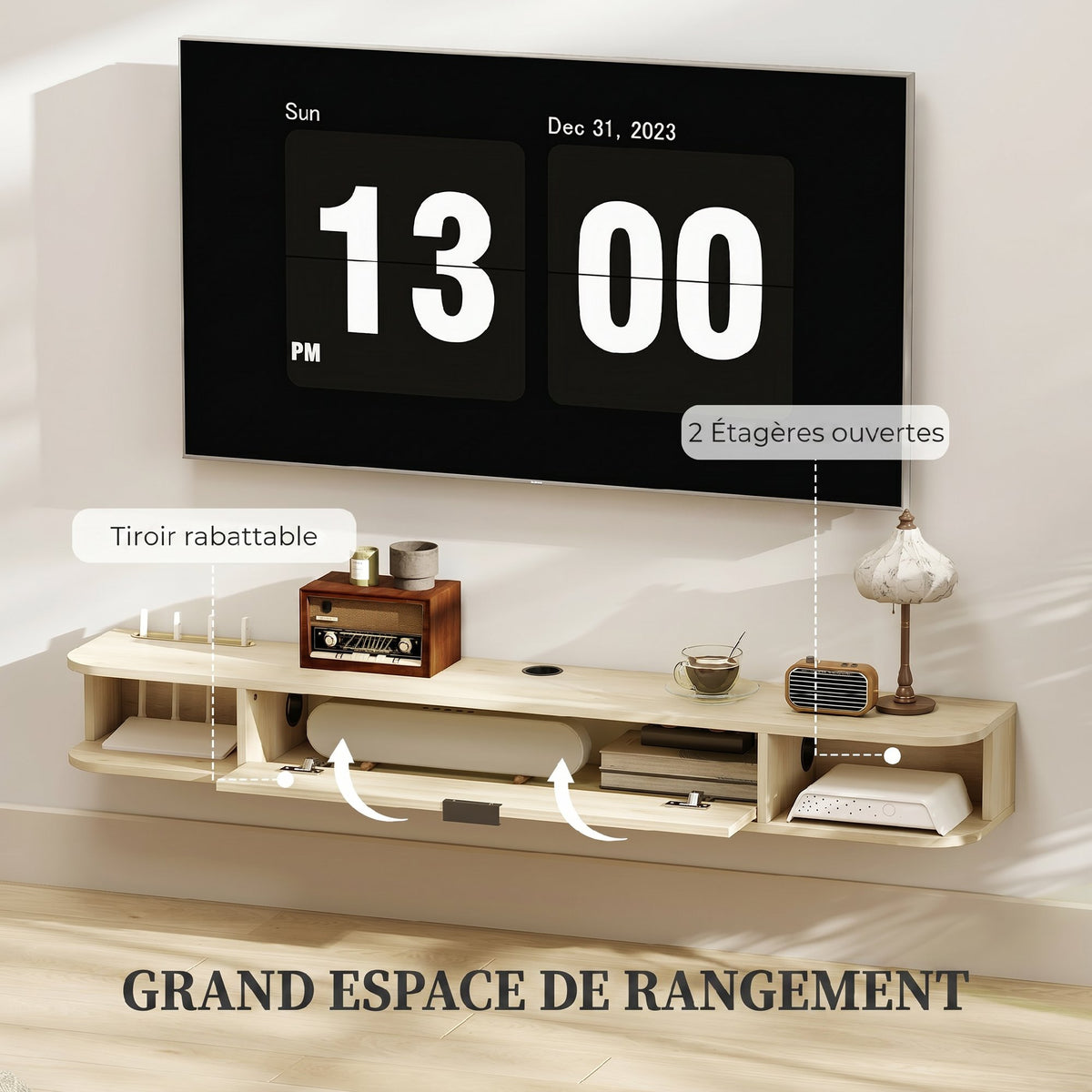 Meuble TV suspendu, meuble télé pour téléviseur jusqu'à 60 pouces, tiroir rabattable 2 étagères 140x24x16cm bois naturel-4