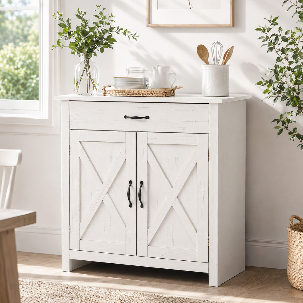 Buffet salon, meuble de rangement avec tiroir, 2 portes de grange et étagère réglable, 80 x 39,7 x 80 cm, blanc-1