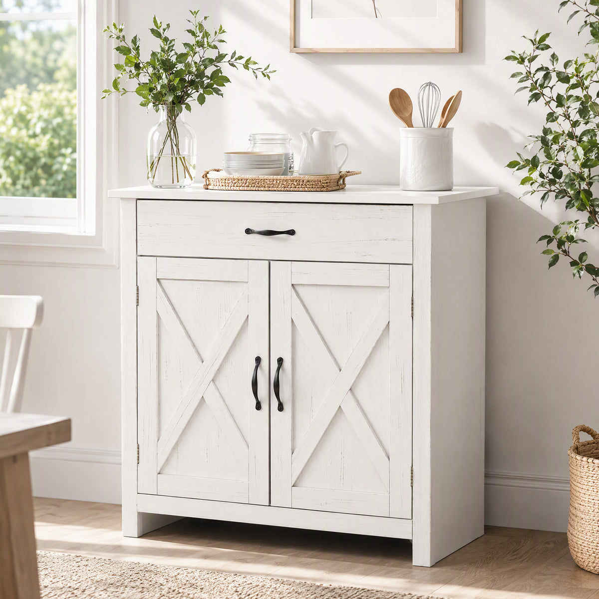 Buffet salon, meuble de rangement avec tiroir, 2 portes de grange et étagère réglable, 80 x 39,7 x 80 cm, blanc-1
