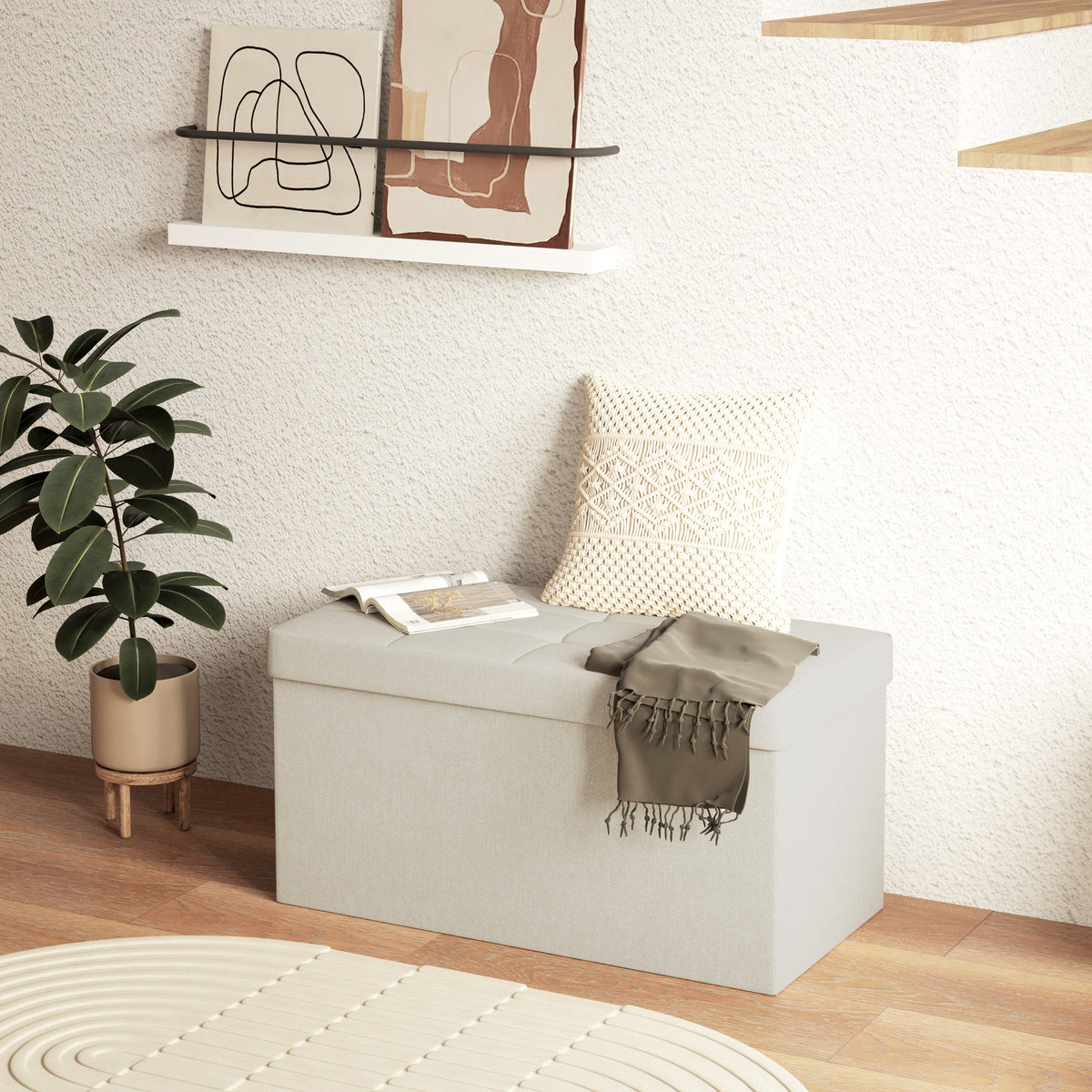 Banc de rangement pouf de rangement pliable bout de lit repose-pieds avec couvercle capitonnée 76L x 38l x 38H cm crème-6