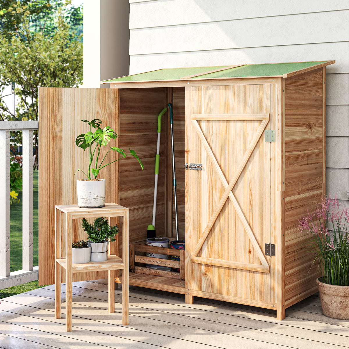 Abri de jardin en bois armoire de jardin en bois avec table, toit en asphalte, 140 x 75 x 157 cm, effet bois naturel-1