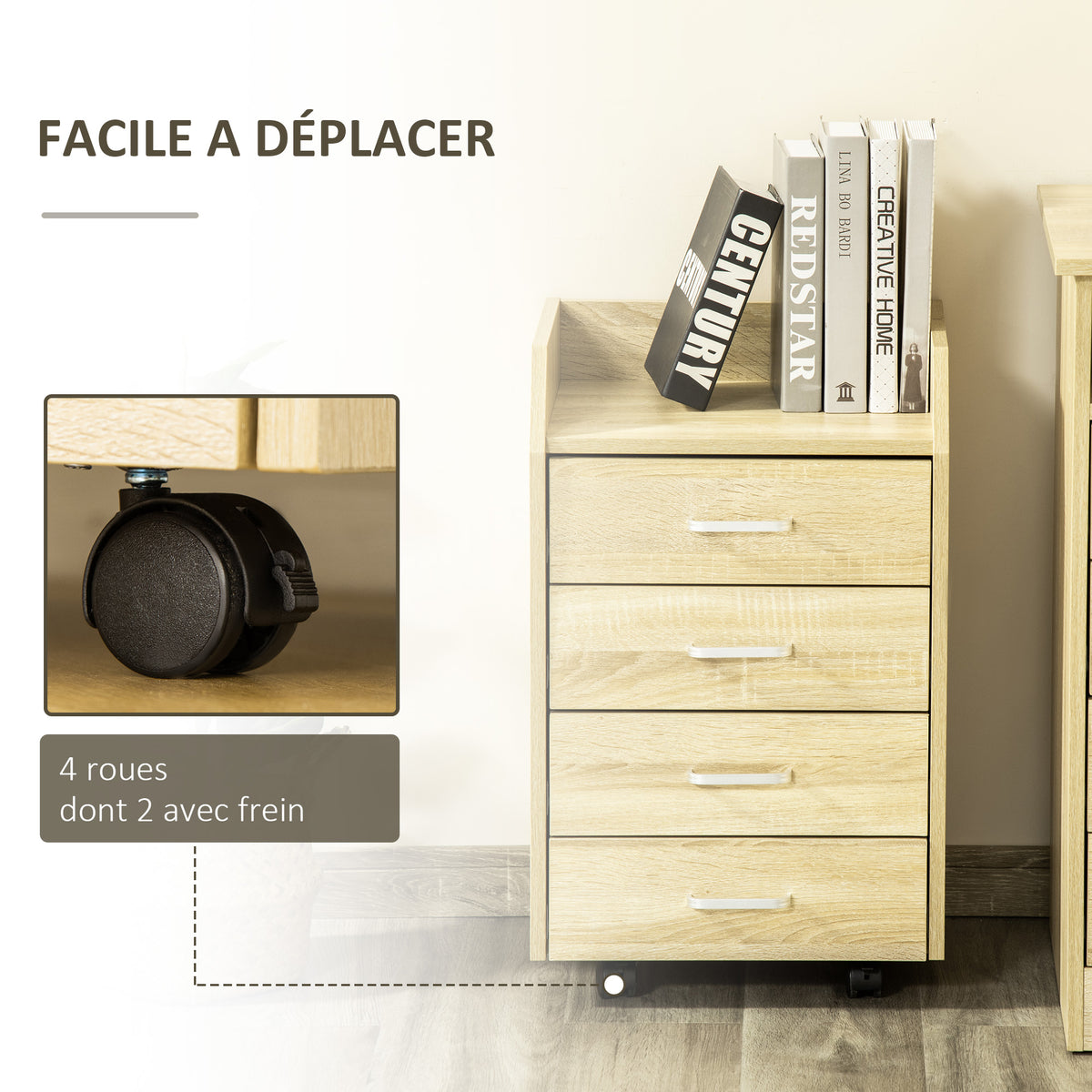 Caisson bureau rangement sur roulettes 4 tiroirs coulissants MDF et panneaux particules 40x36x65cm bois naturel-4