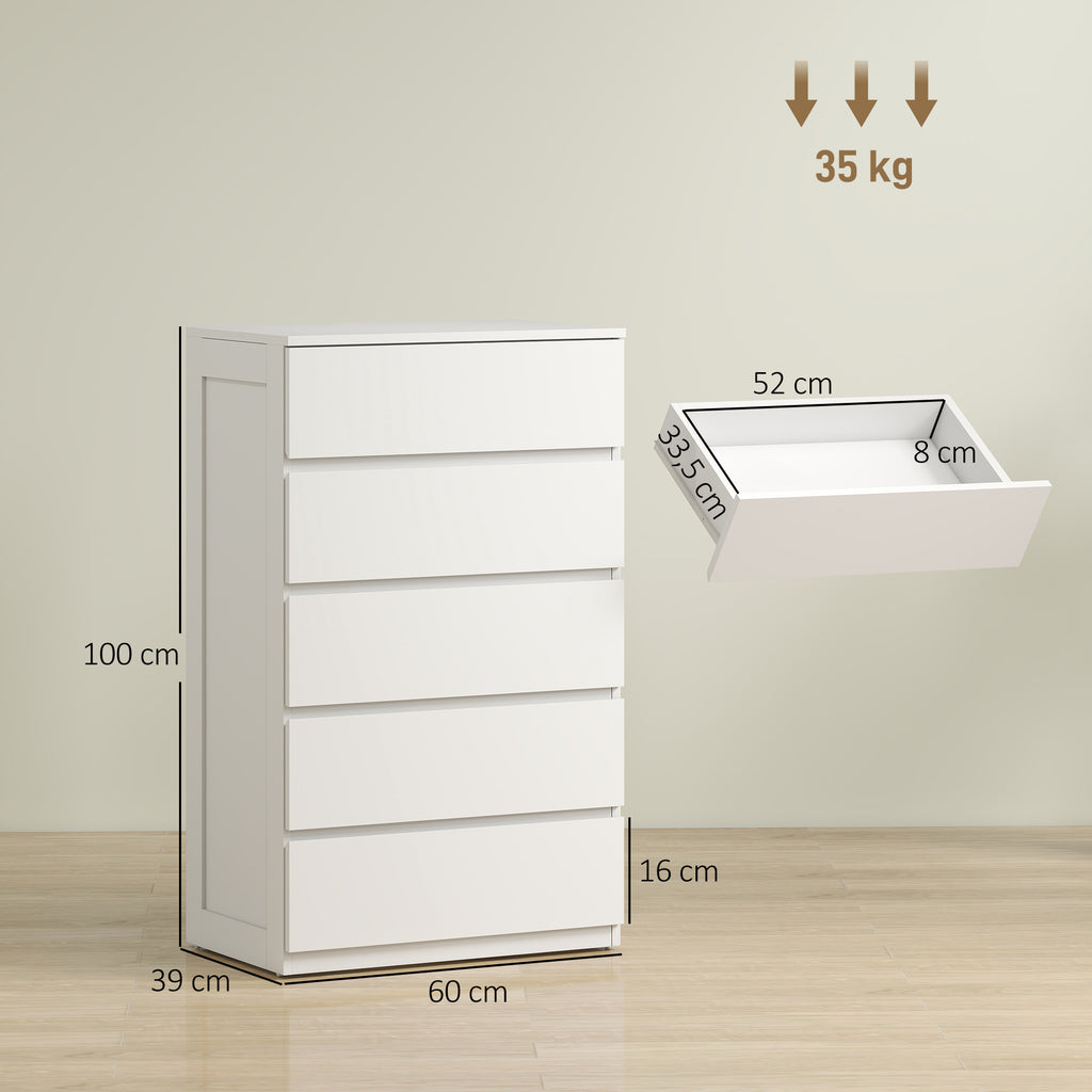 Commode 5 tiroirs meuble de rangement sans poignées design minimaliste 60 x 39 x 100 cm blanc-2