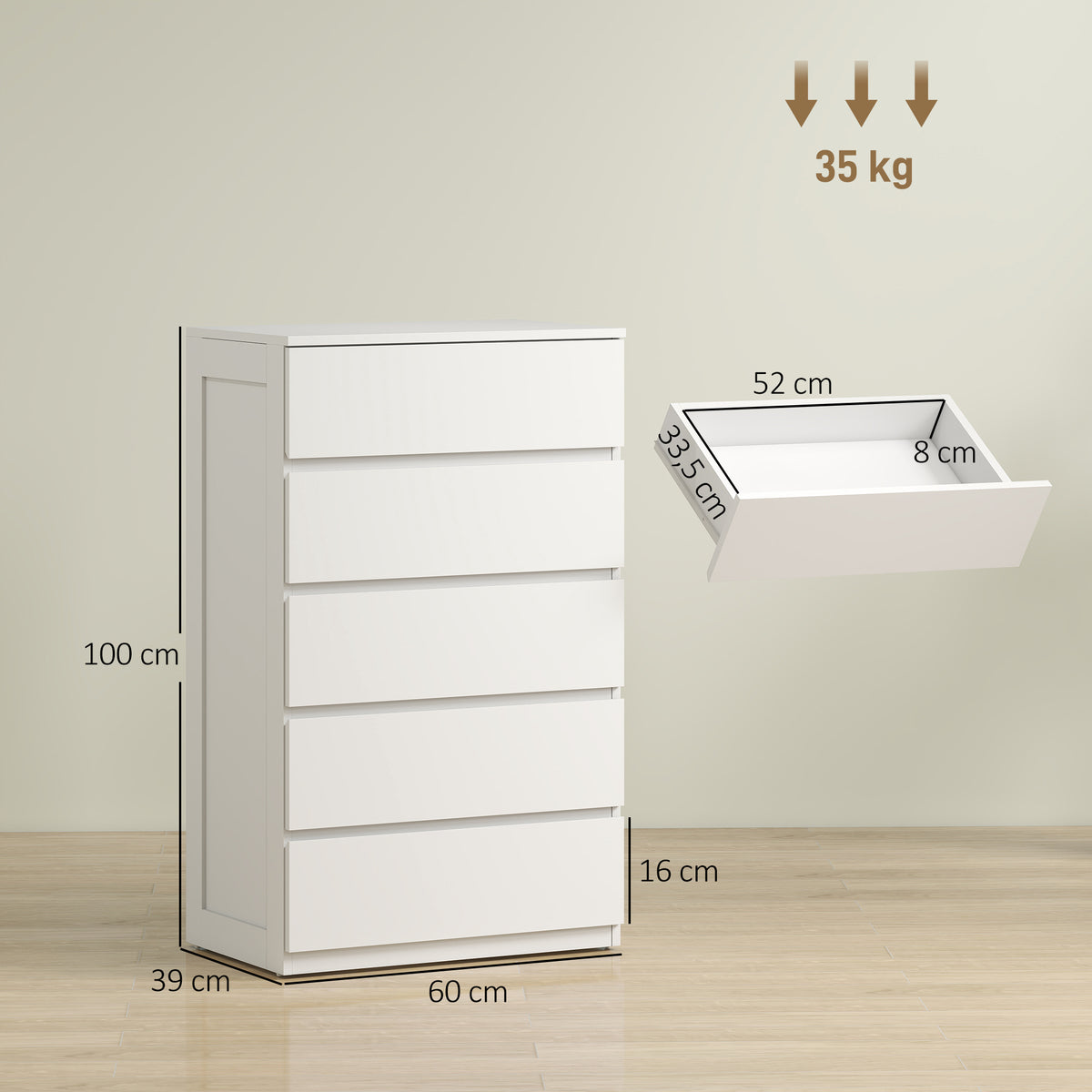 Commode 5 tiroirs meuble de rangement sans poignées design minimaliste 60 x 39 x 100 cm blanc-2