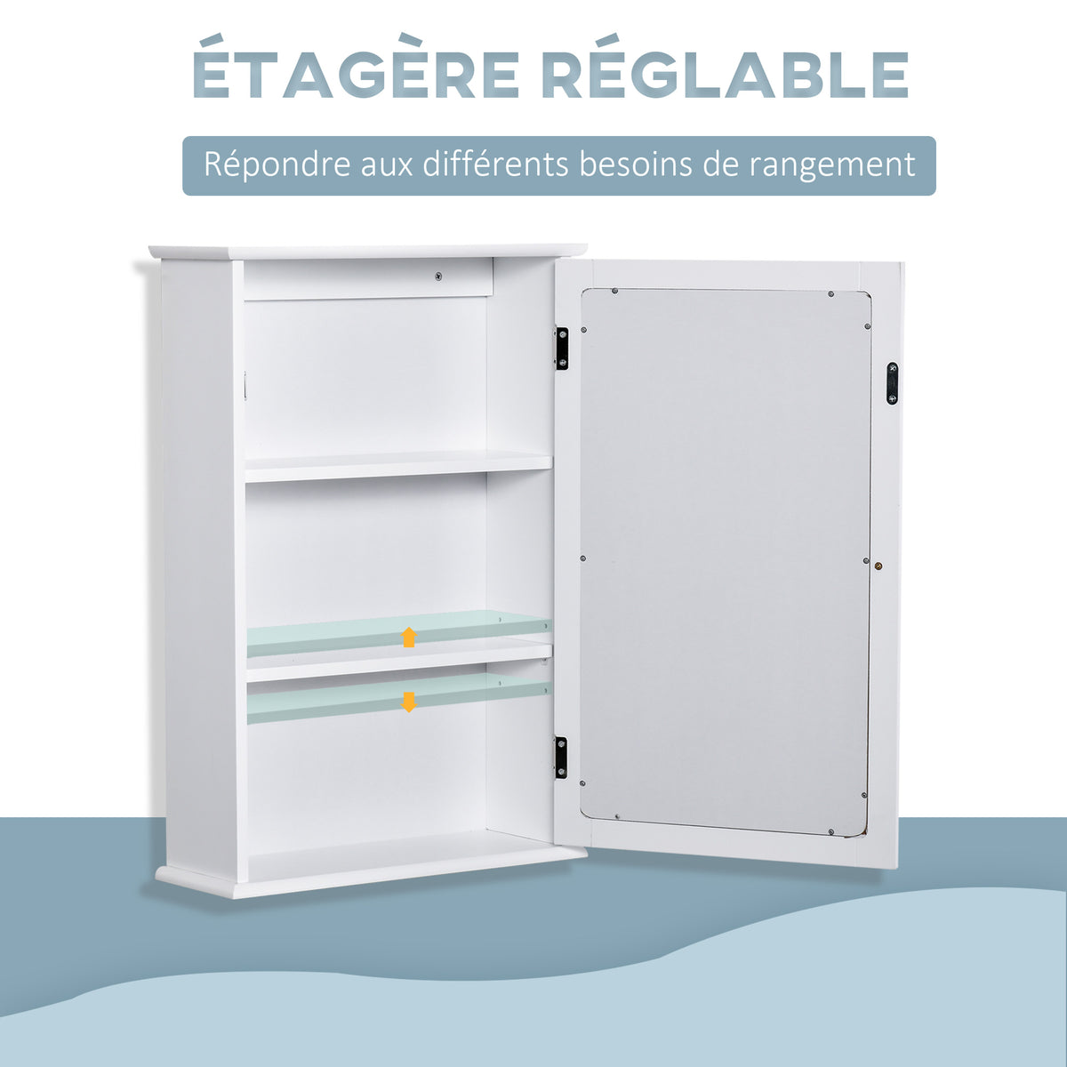Armoire Murale de Salle de Bain avec Miroir - Armoire à Glace - Placard de Rangement Toilettes - 1 Porte, 2 étagères - Verre MDF Blanc-4