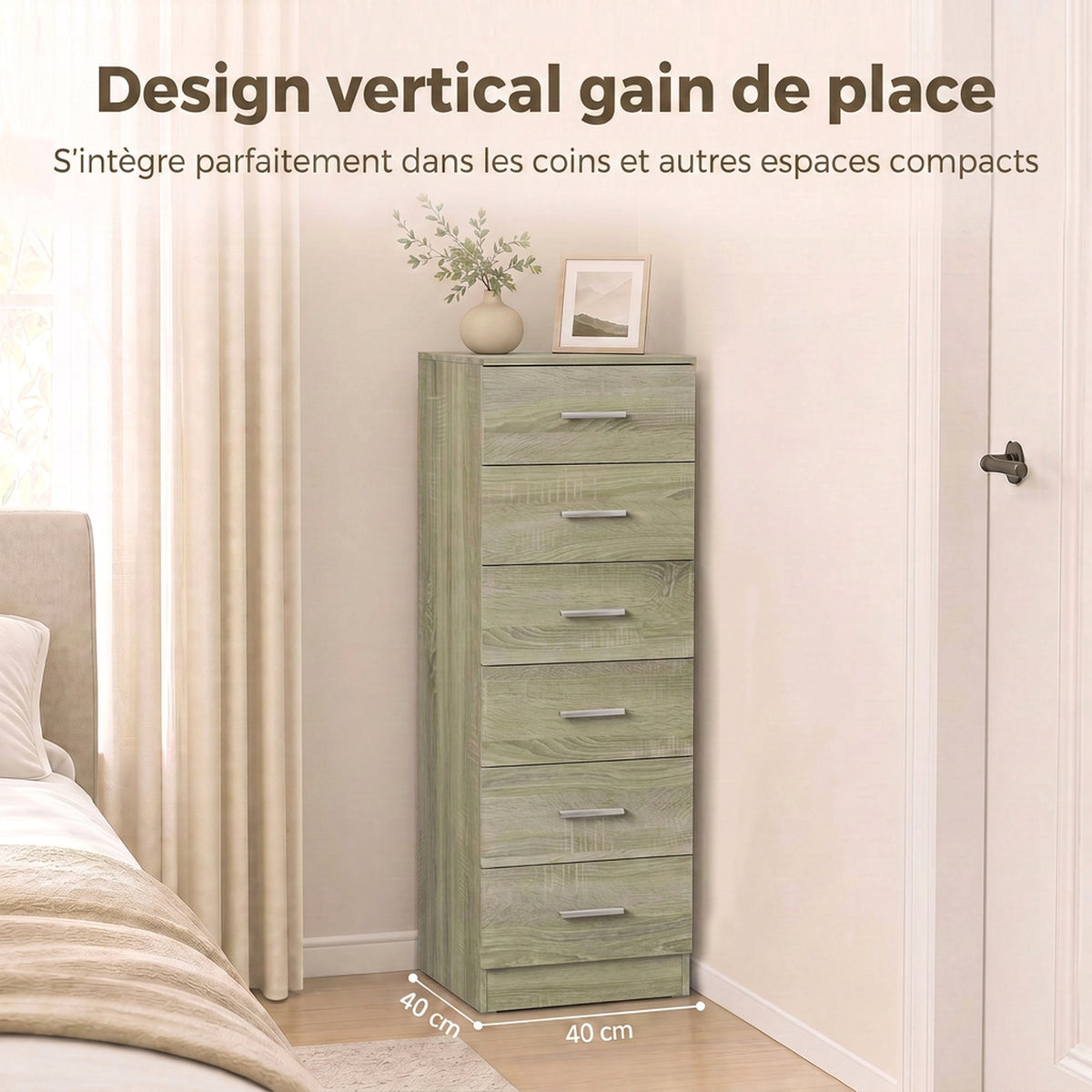 Commode 6 Tiroirs, Meuble de Rangement, Style Moderne, pour Chambre à Coucher, Entrée, Couloir, 40x40x110cm, Chêne-4