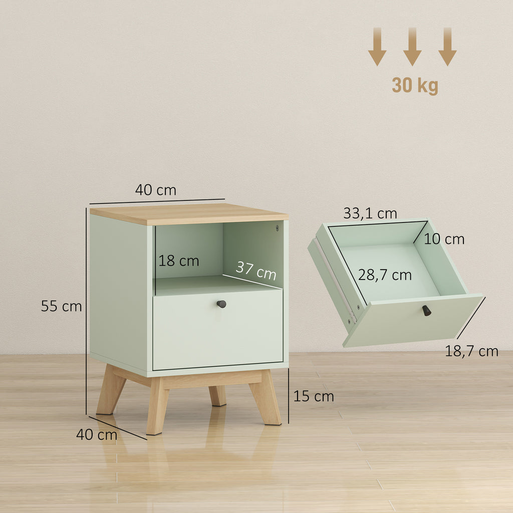 Lot de 2 tables de chevet, tables de nuit avec tiroir et compartiment ouvert, 40 x 40 x 55 cm, chêne et vert clair-2