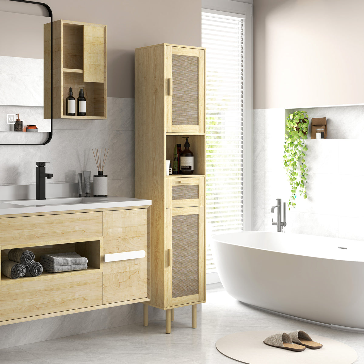 Meuble salle de bain colonne rangement salle de bain avec portes en rotin tiroir 2 placards 32 x 30 x 170 cm chêne-1