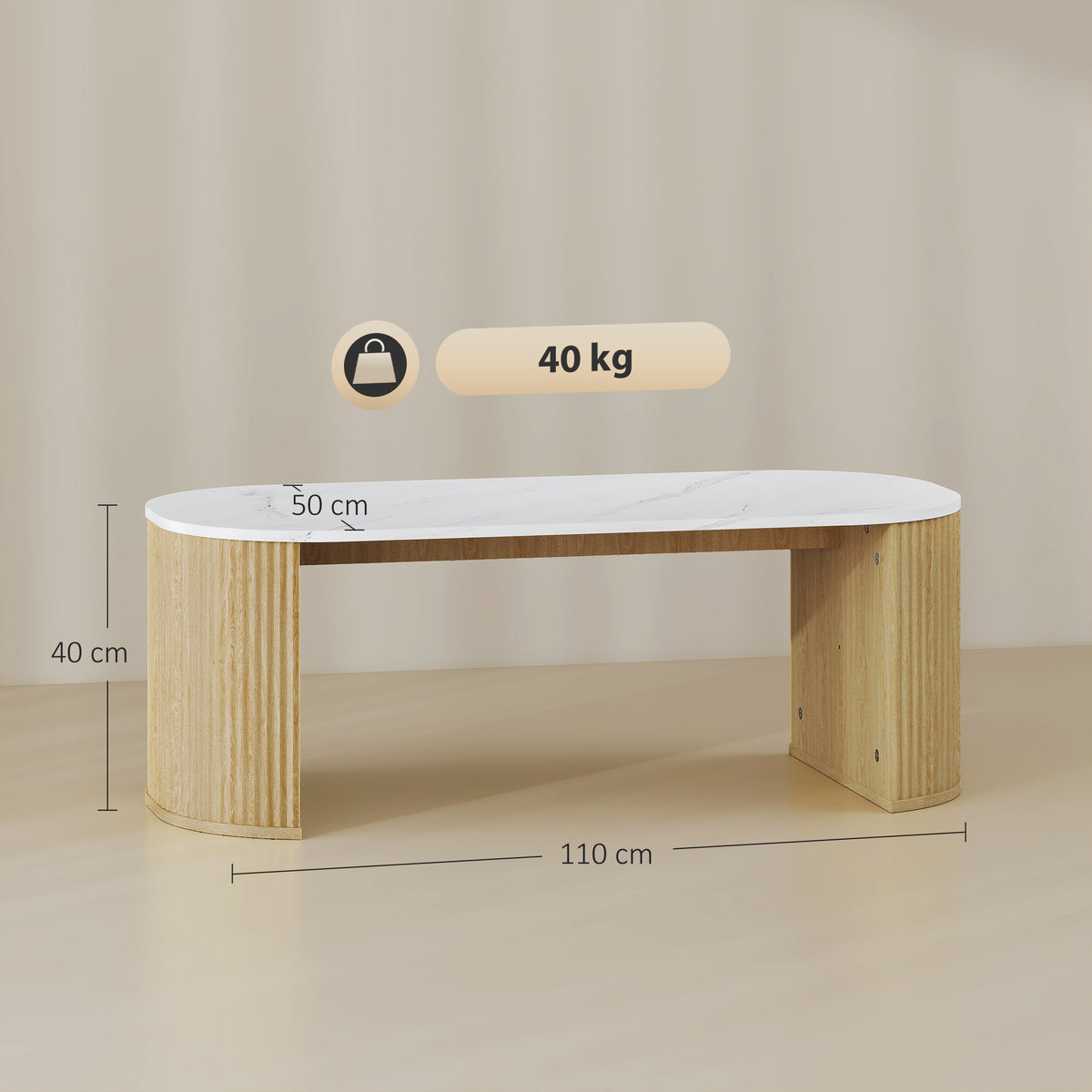 Table basse ovale, table d'appoint aspect effet marbre, coins arrondis pieds épais, 110 x 50 x 40 cm, blanc-2