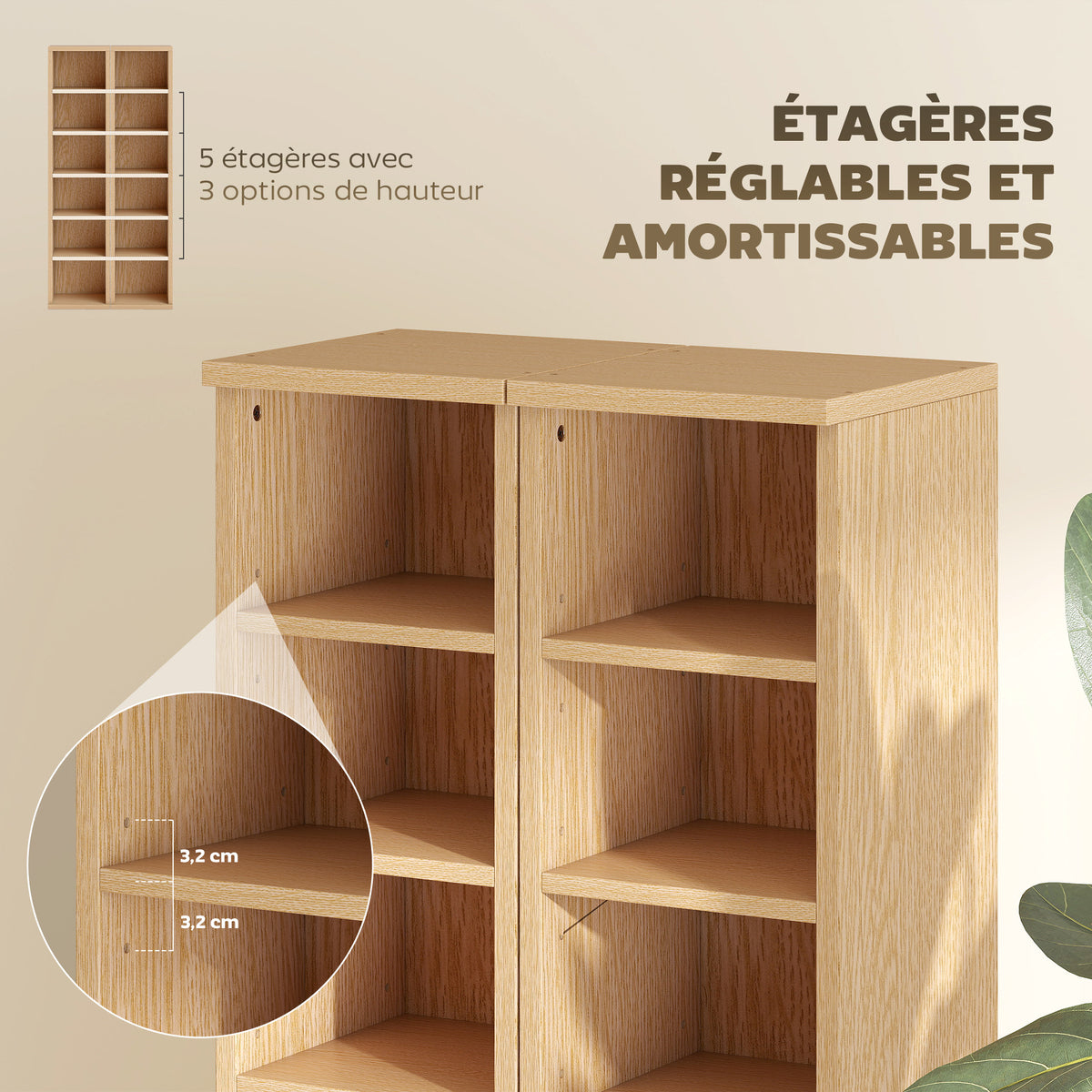Lot de 2 étagères colonnes armoire de rangement CD-DVD 12 compartiments 21 x 22,5 x 88,5 cm capacité 204 CD bois naturel-5