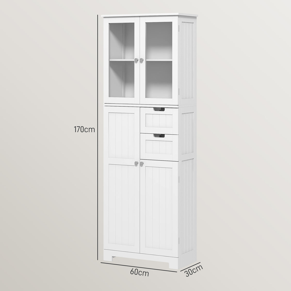 Meuble haut de rangement, armoire avec portes vitrées et étagères réglables pour salle de bain, cuisine, salon, blanc-2