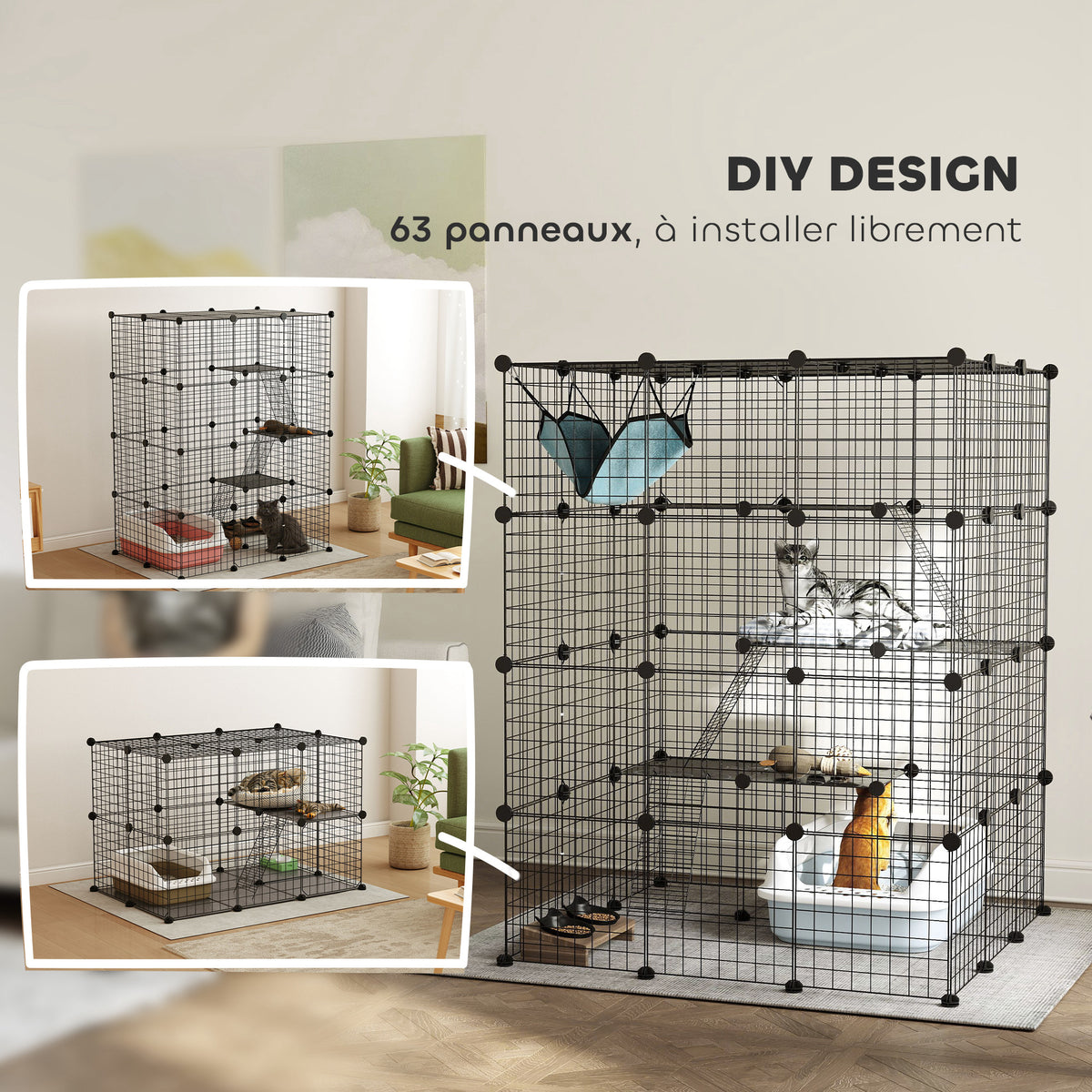 Clôture pour animaux domestiques lapin enclos intérieur 4 niveaux modulable panneaux grillagés 105 x 105 x 140 cm noir-4