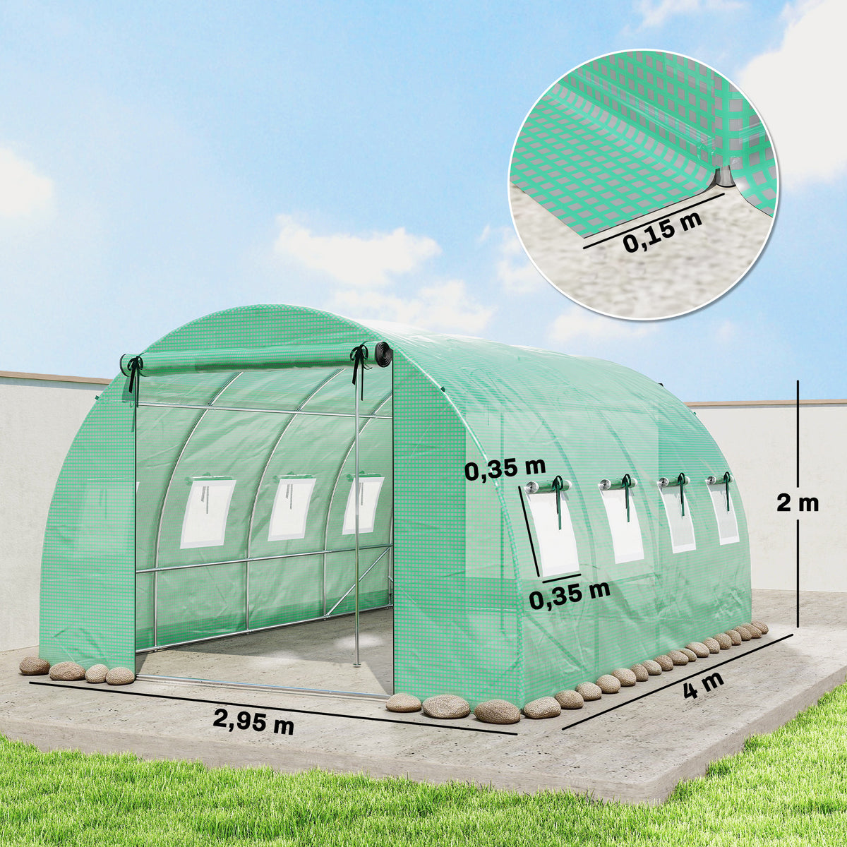 Serre tunnel de jardin 12m², serre de jardin tunnel 295x400x200cm 2 portes et 8 fenêtres bâche PE 140 g/m² vert-2
