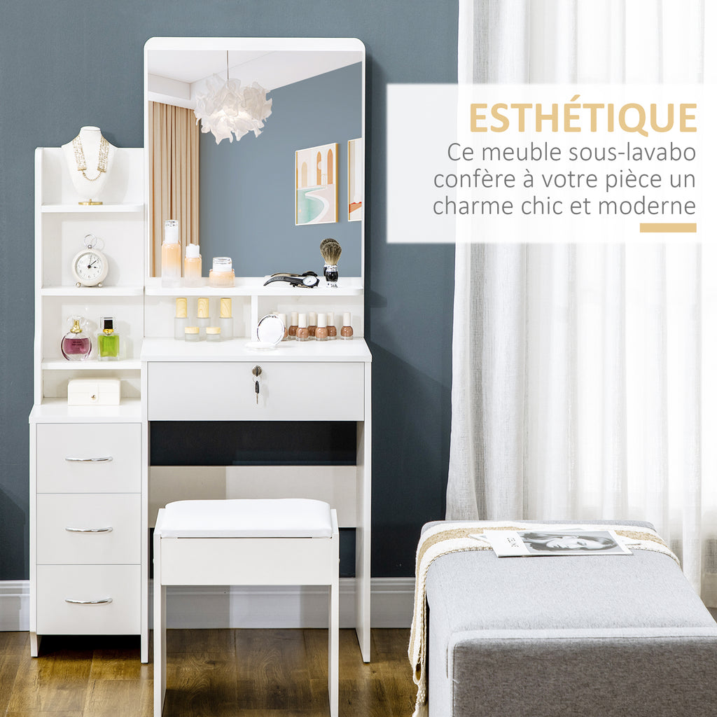 Ensemble de coiffeuse avec tabouret rembourré grand miroir + plusieurs étagères ouvertes + 4 tiroirs blanc-3