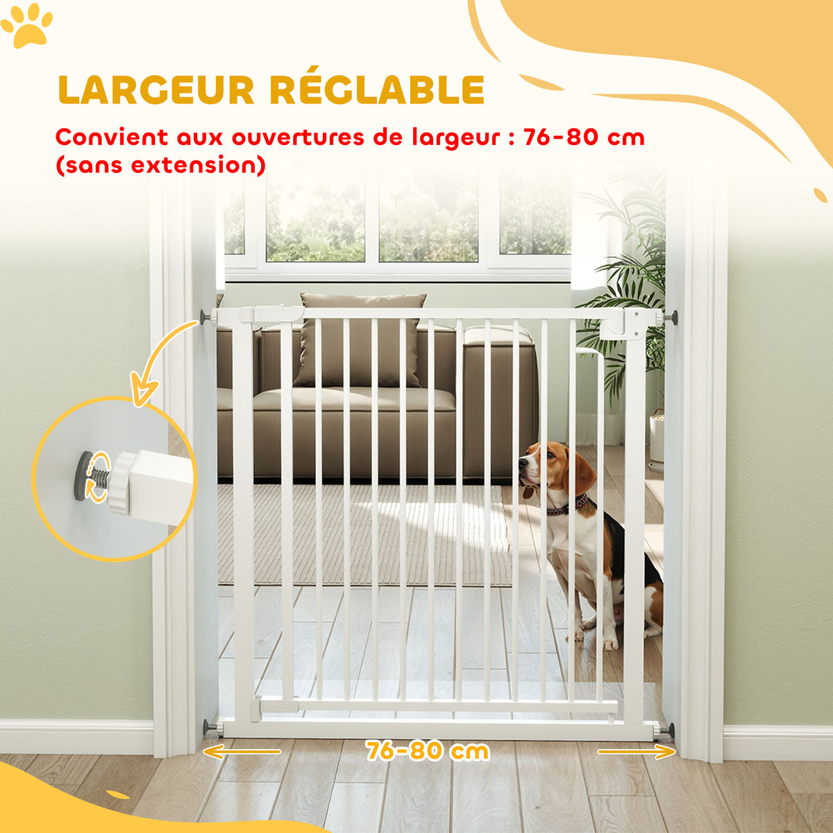 Barrière de sécurité pour chiens et bébés 76 à 80 cm avec extension fixation par pression sans perçage 76 à 80cm blanc-3