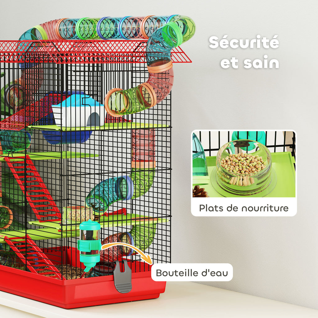 Cage pour hamster souris petit animaux rongeur avec tunnel mangeoire roue jouet 47 x 30 x 59 cm rouge-4