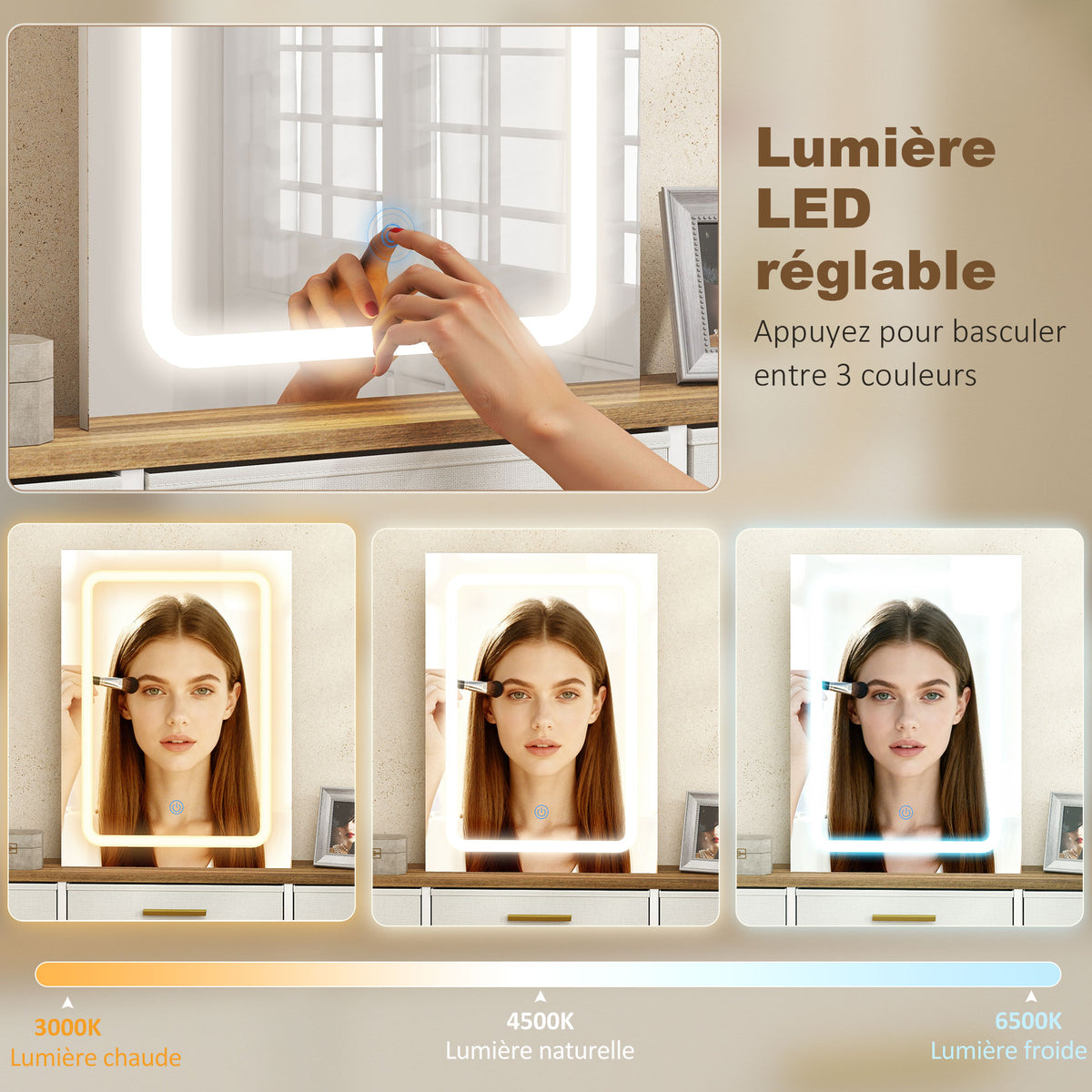 Coiffeuse avec miroir et lumières LED 3 couleurs, table de maquillage 10 tiroirs en tissu, 118,5 x 39,5 x 140 cm naturel-3