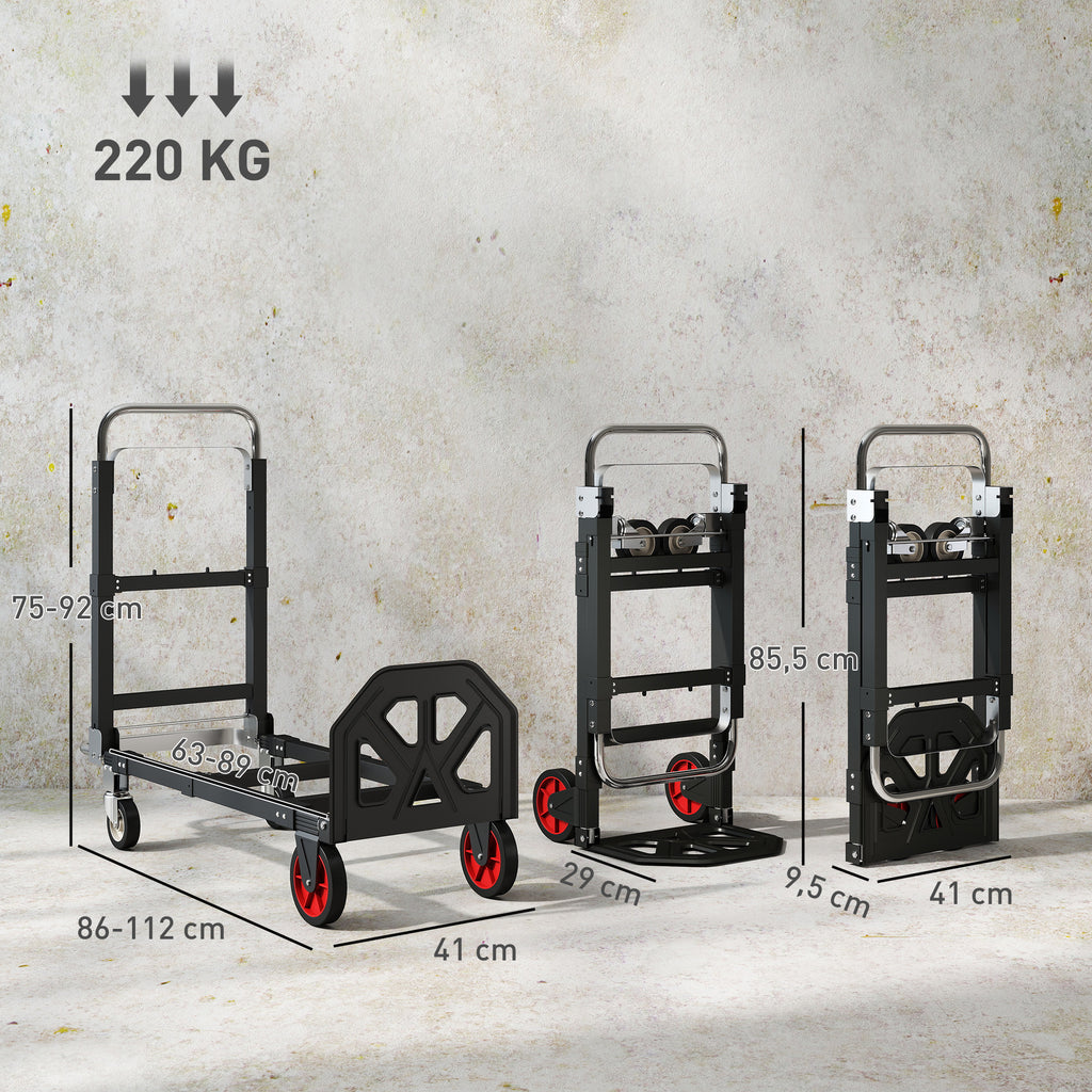 Diable Pliable 2 en 1 Extensible 220KG Pliage Plat Chariot Plateforme Acier Poignée Réglable Roues 360° 112x41x92cm Noir-2