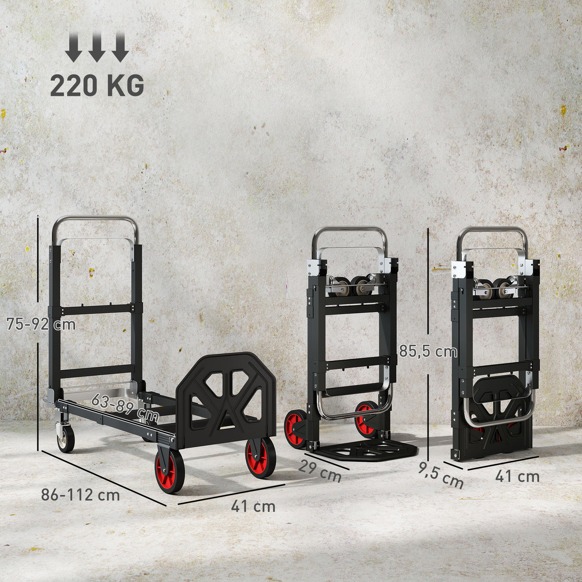 Diable Pliable 2 en 1 Extensible 220KG Pliage Plat Chariot Plateforme Acier Poignée Réglable Roues 360° 112x41x92cm Noir-2