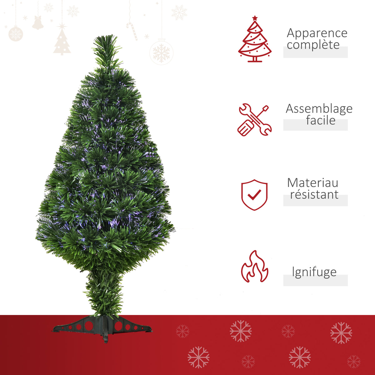Sapin de Noël Artificiel Lumineux 90H cm Fibre Optique Multicolore + Support Pied 90 Branches Vert-3