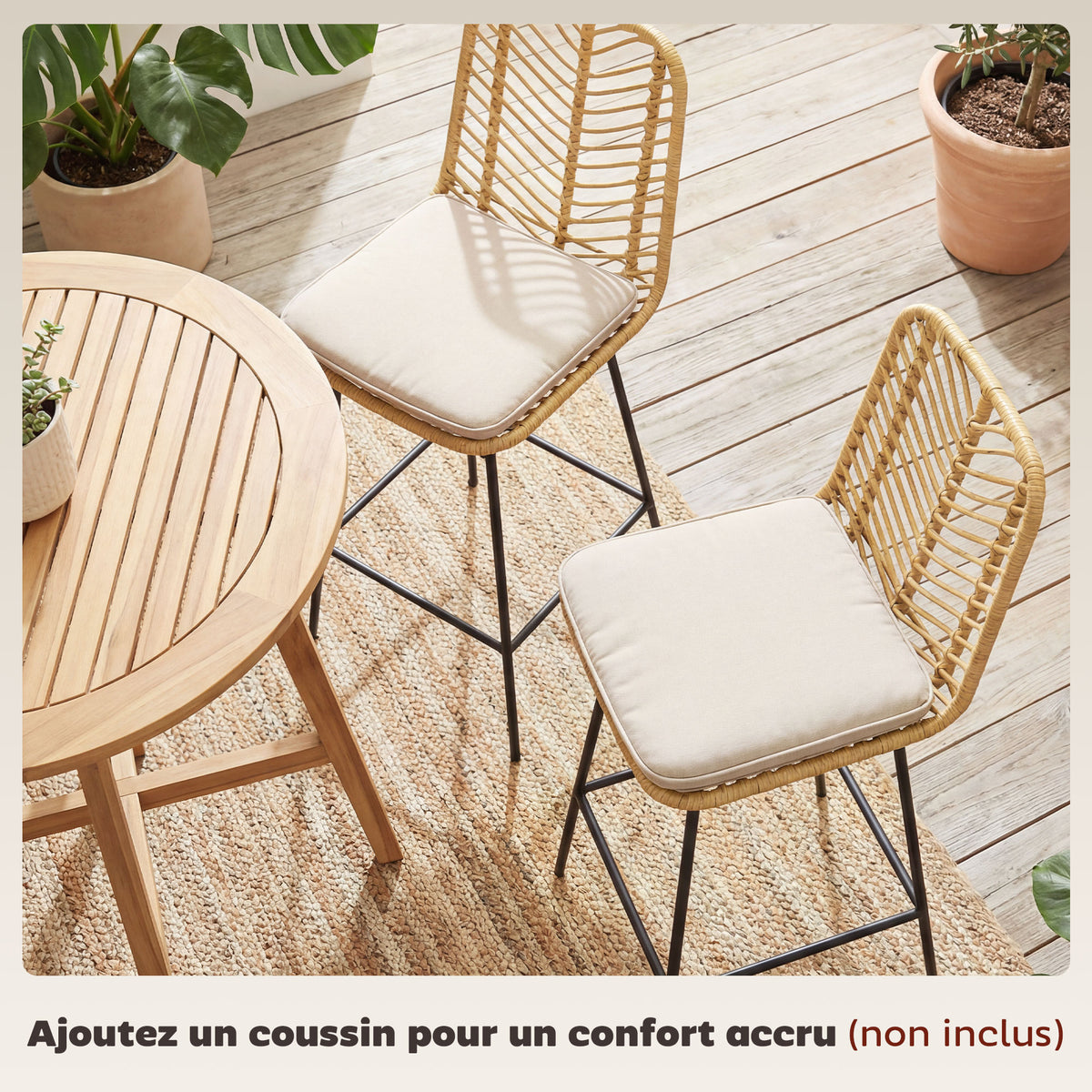 Lot de 2 tabourets de bar design bohème Hauteur 66 cm avec repose-pieds métal et rotin PE - naturel-3