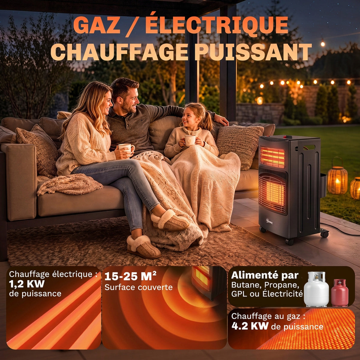 Chauffage d'Appoint Gaz et Électrique 4200W/1200W Infrarouge Pliable 3 Niveaux 2 Freins Sécurité ODS 45x42x75cm Noir-3