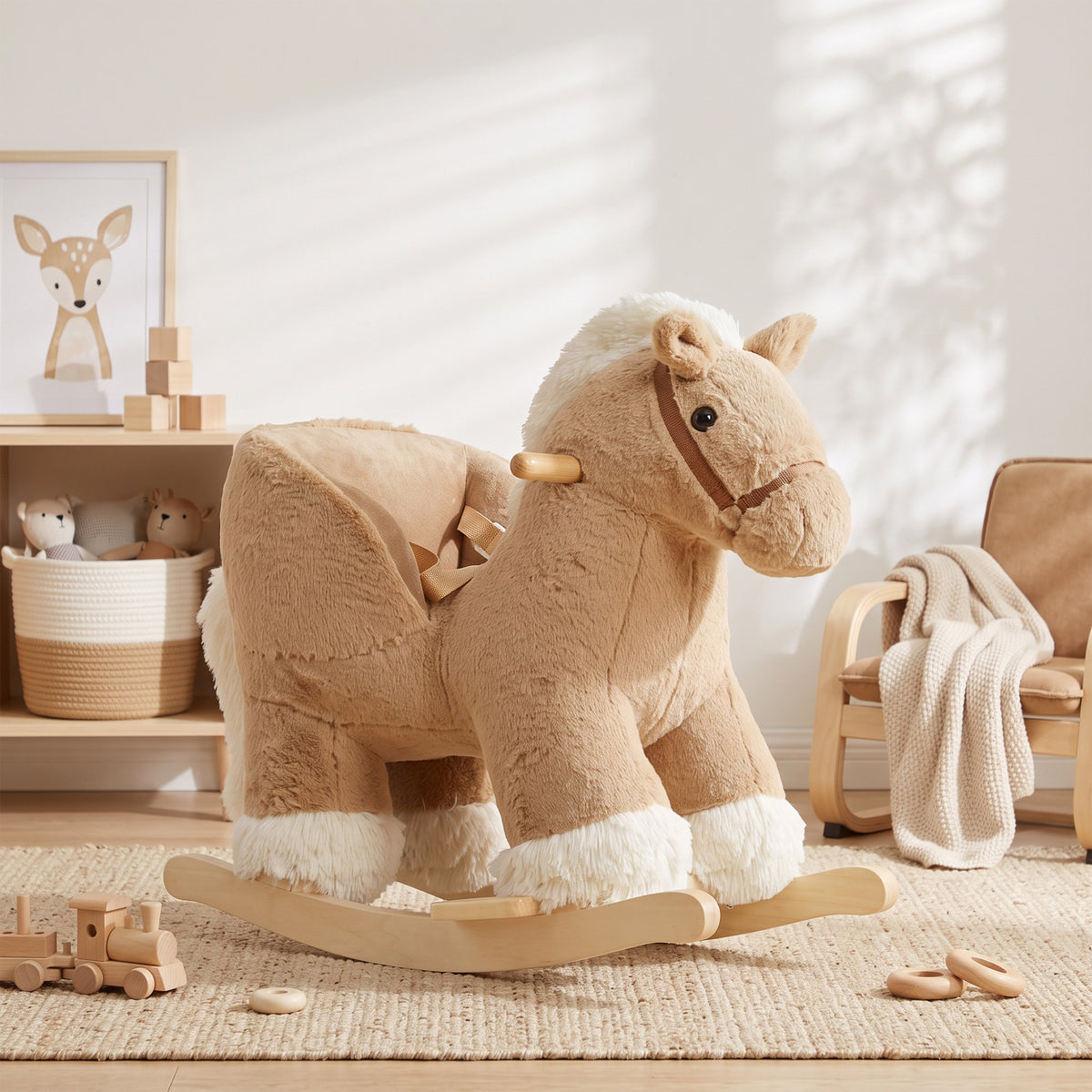 Cheval à Bascule pour Enfants, Animal à Bascule Bébé en Peluche avec Sons, Ceinture de Sécurité, 18-36 Mois, Marron-9