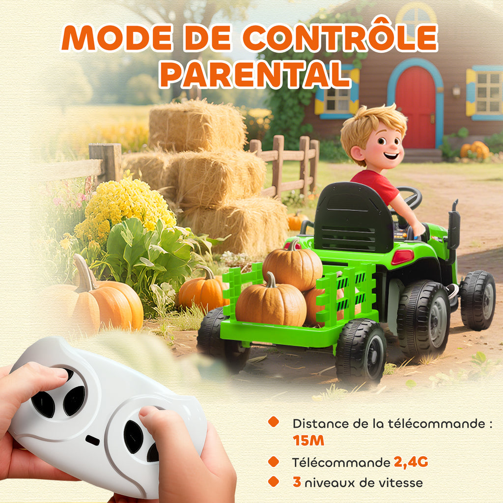 Tracteur électrique enfants avec remorque amovible, voiture électrique enfants, télécommande 2,4G, 139x58x55cm, vert-5