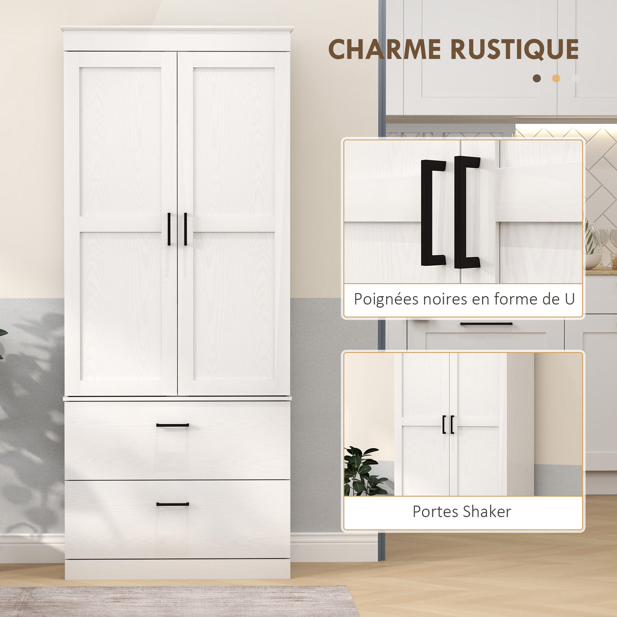 Armoire de cuisine buffet cuisine vaisselier meuble de rangement avec placard, 2 tiroirs et étagères réglables, crème-4