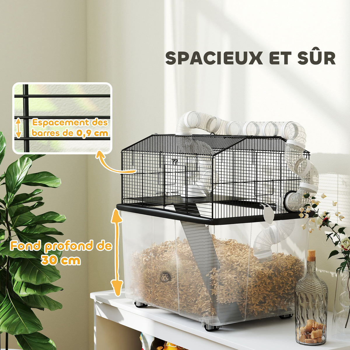 Cage pour hamster portable cage pour hamster avec rampe, gamelle, bouteille d'eau système de tuyaux 58 x 43 x 57 cm noir-4