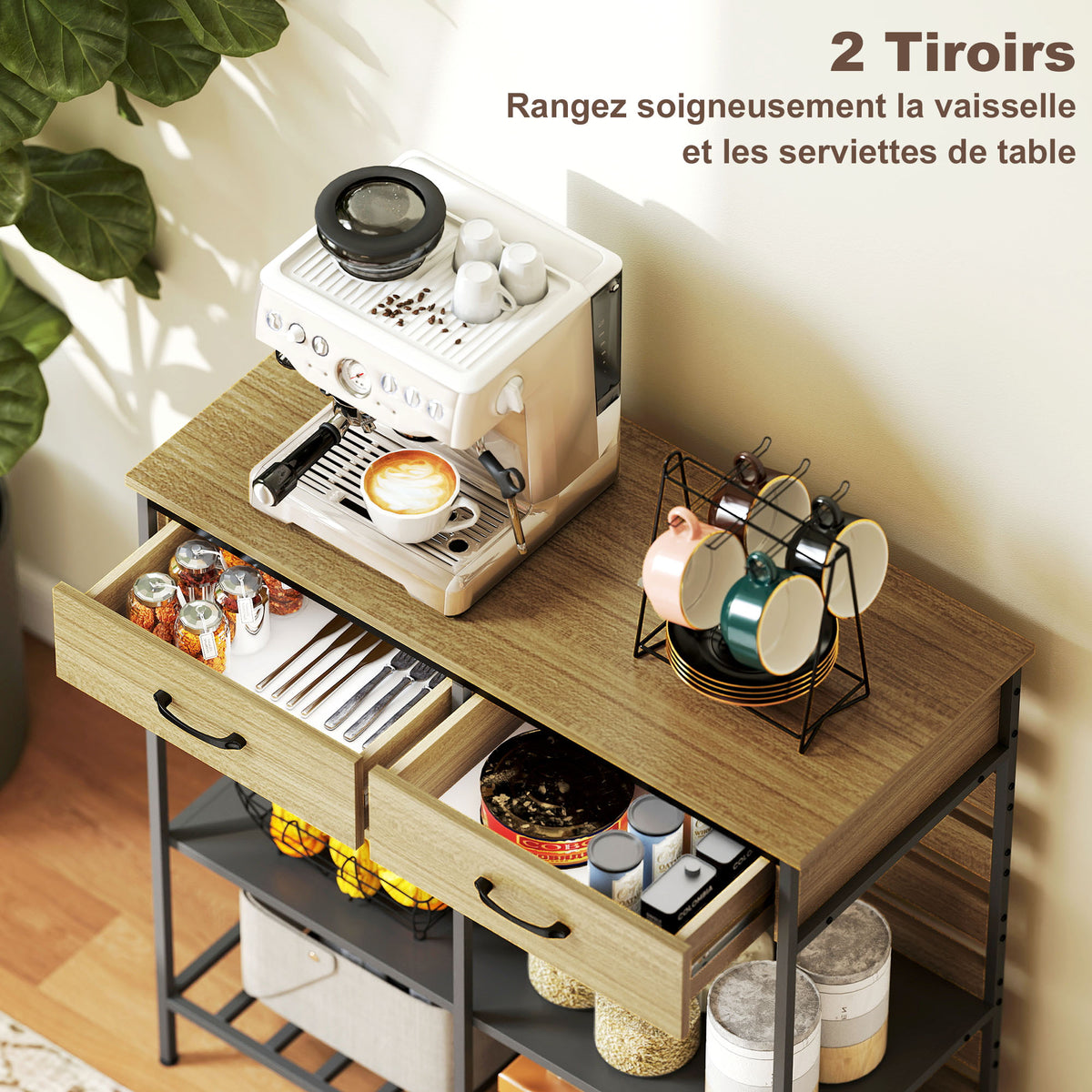 Buffet cuisine, meuble de rangement avec 2 tiroirs et 3 étagères ouvertes, 90 x 40 x 91 cm, bois naturel et noir-3