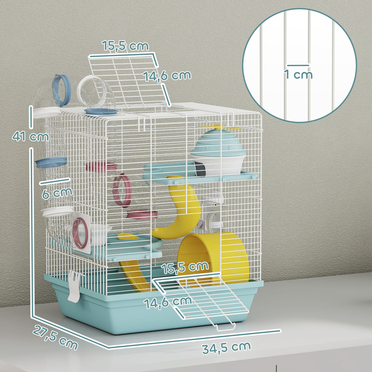 Cage hamster, cage rongeur à 3 niveaux, avec roue d'exercice, tunnel de jeu, gamelle, cabane, 34,5 x 27,5 x 41 cm, bleu-2