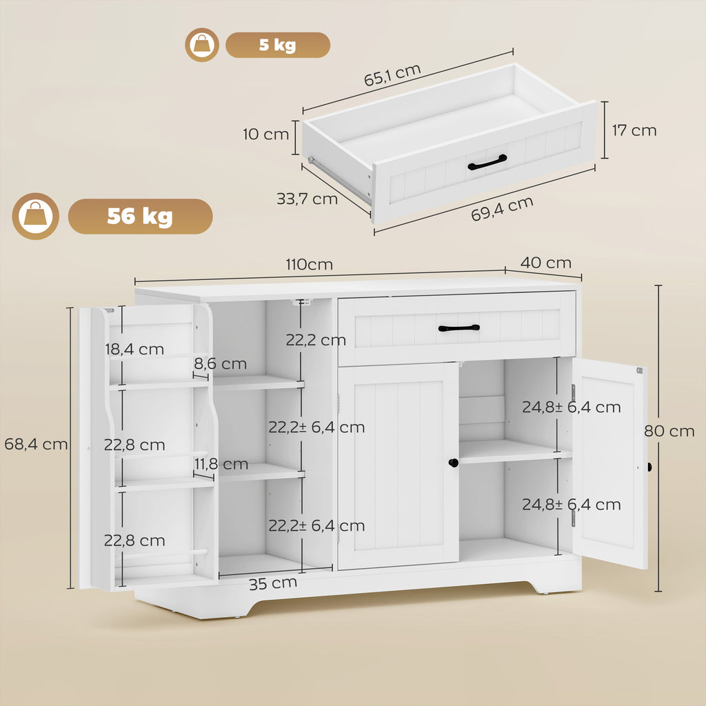 Buffet cuisine, meuble de rangement avec tiroir, 3 portes à fermeture douce, racks-porte et étagères réglables, blanc-2