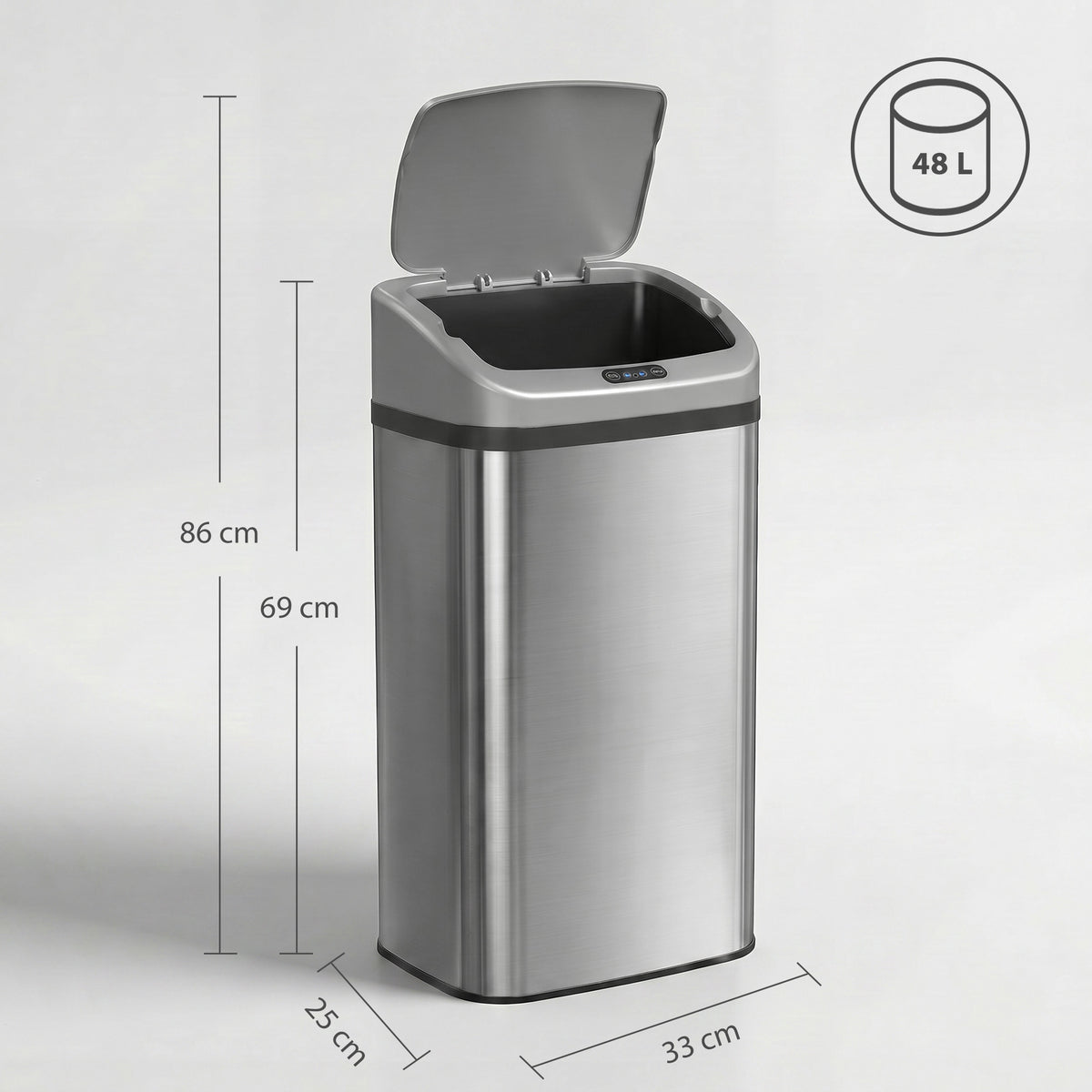 Poubelle de cuisine automatique 48L en acier inoxydable, couvercle à fermeture en douceur, 33x25x69cm, argent-2