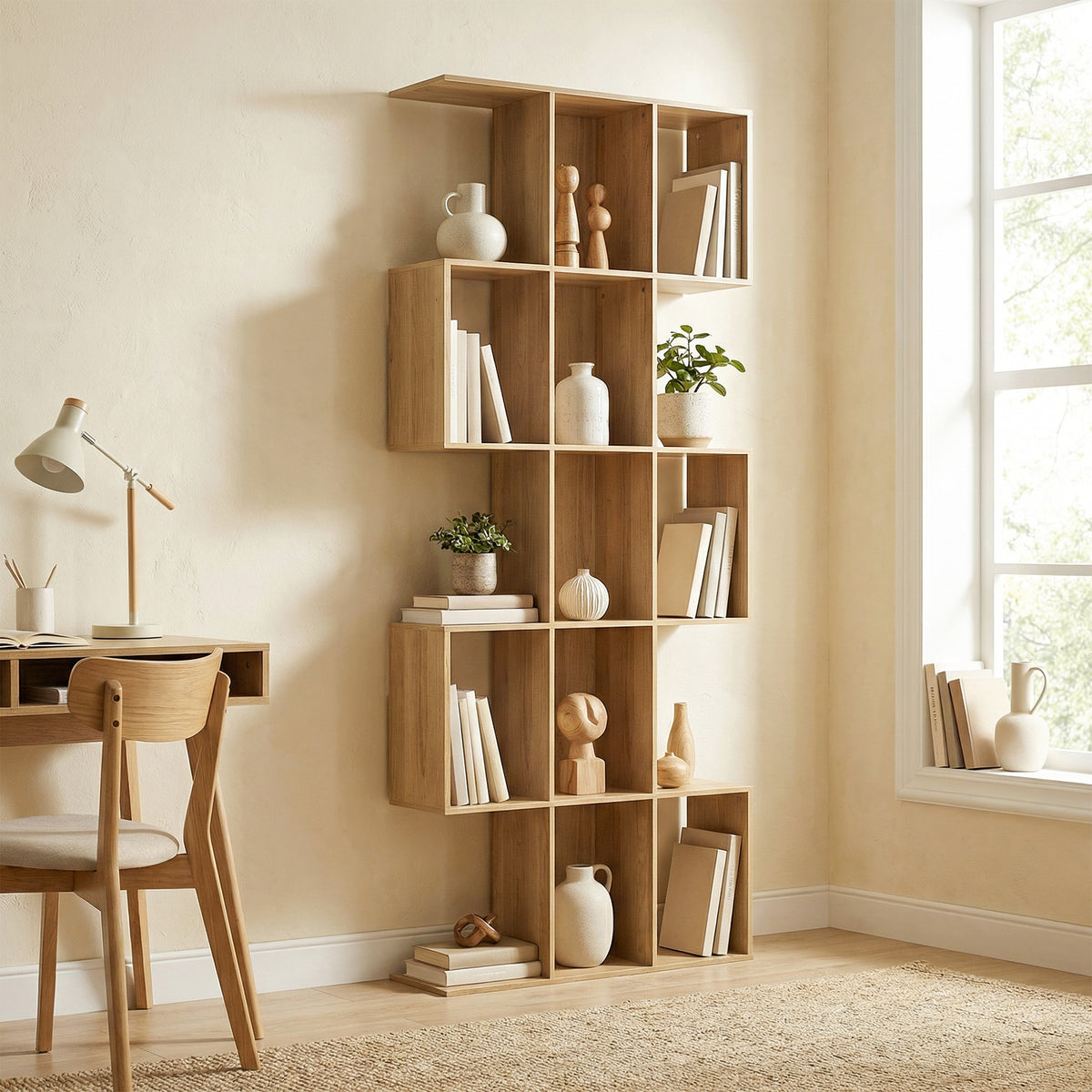 Bibliothèque à 5 niveaux, étagère de rangement en forme S avec 15 compartiments ouverts, 80 x 24 x 200 cm, chêne-9