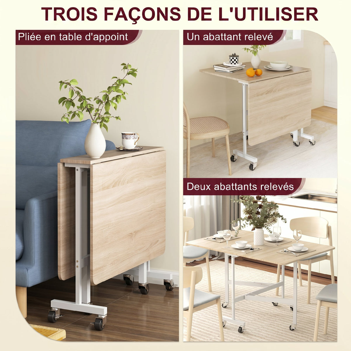 Table à Manger Pliante sur Roulettes pour 4-6 Personnes 120 cm, Roues avec Freins, 2 Abattants, Style Industriel, Chêne-3
