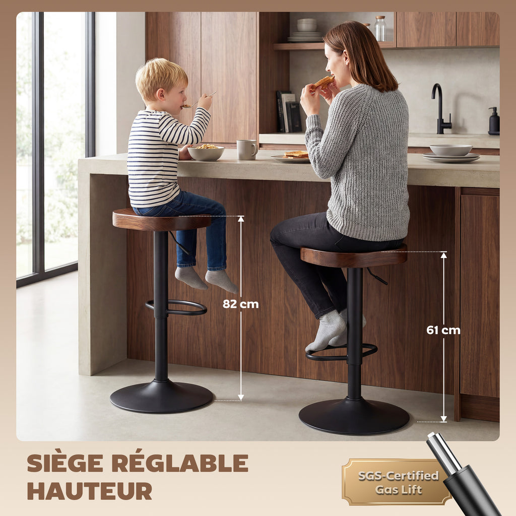 Tabourets de Bar Lot de 2 Réglables Pivotants Chaises de Cuisine avec Siège en Bois d'Orme Marron Foncé-3