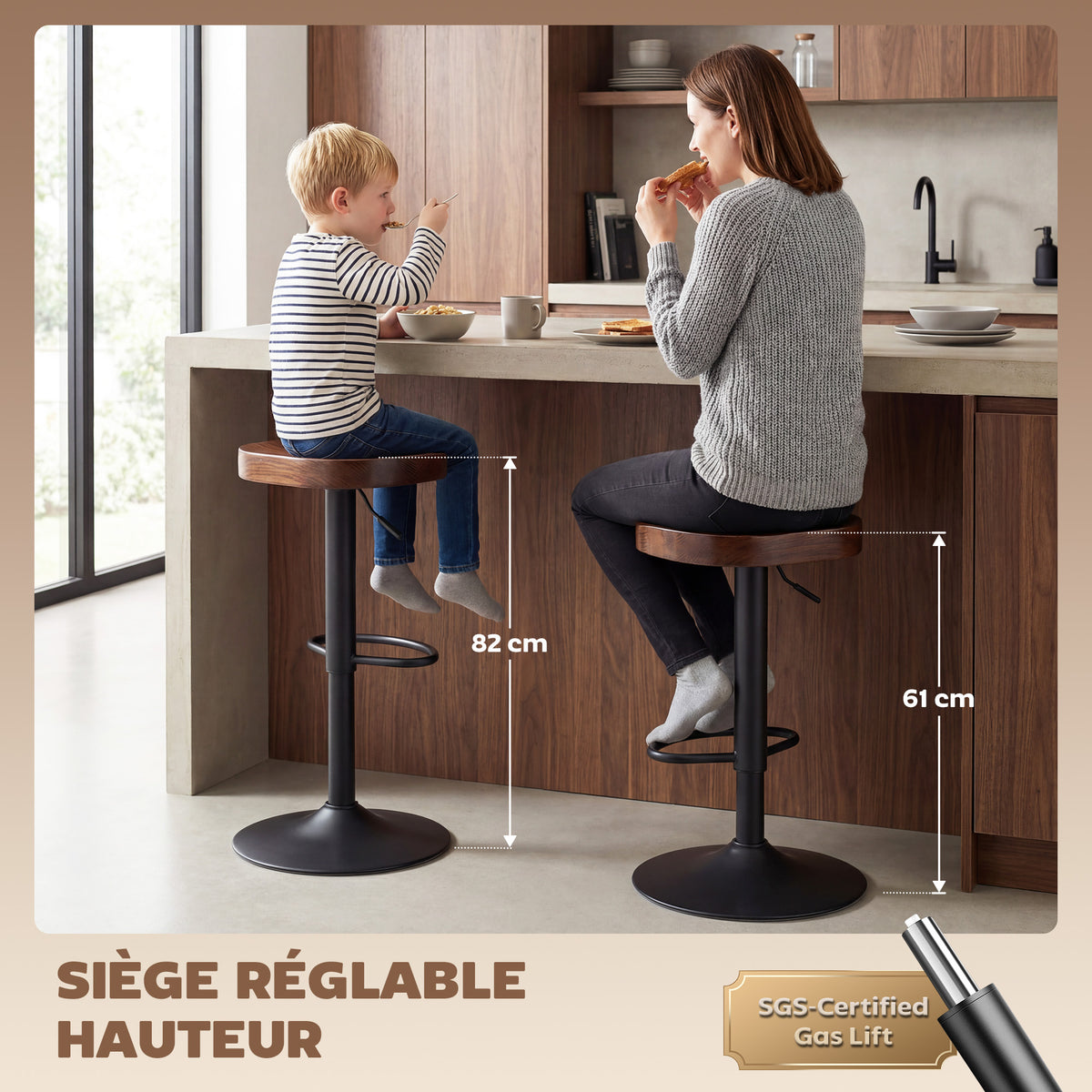 Tabourets de Bar Lot de 2 Réglables Pivotants Chaises de Cuisine avec Siège en Bois d'Orme Marron Foncé-3