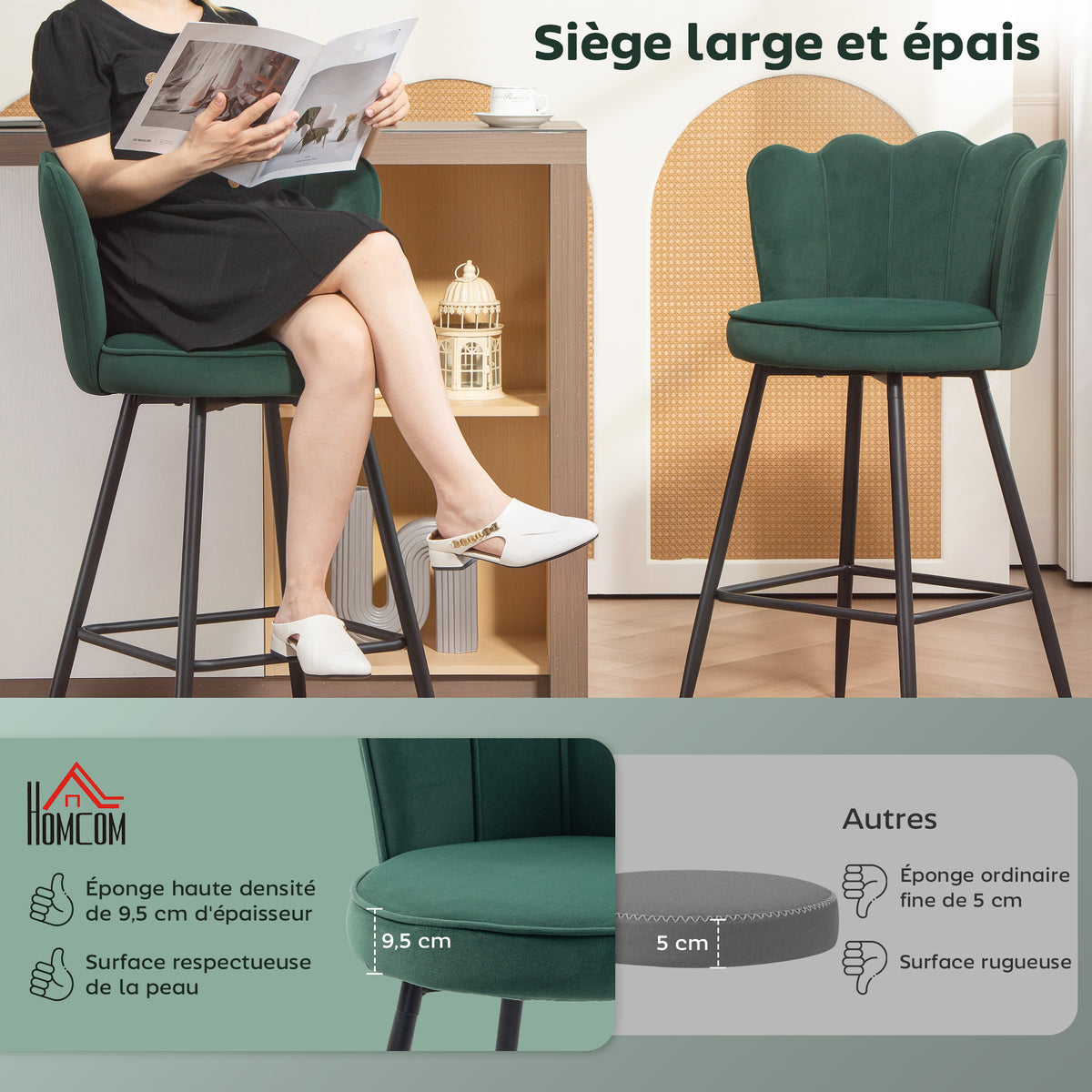 Lot de 2 tabourets de bar, chaises de bar avec dossier et repose-pieds, pieds en acier, 54 x 55 x 97 cm, vert foncé-3