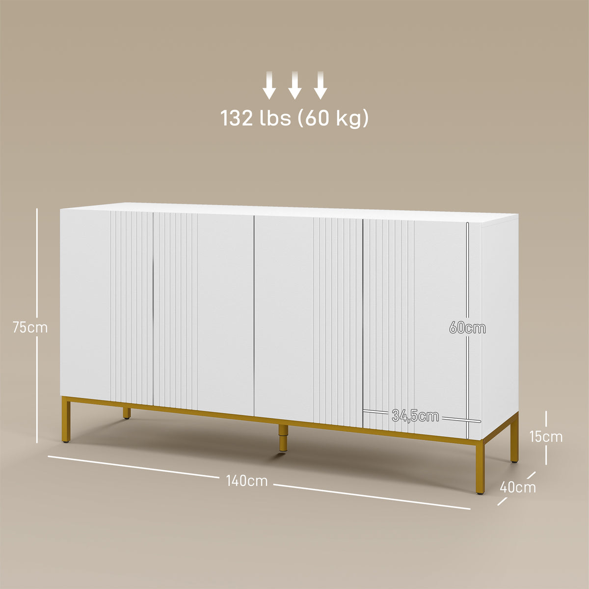 Buffet design contemporain graphique 2 placards porte étagères réglables en bois blanc métal doré-2